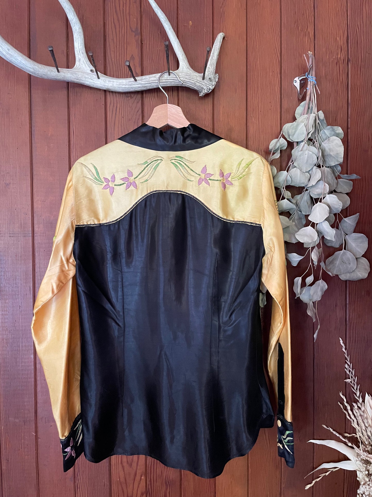 1940s Marigold Embroidered Satin Western Shirt