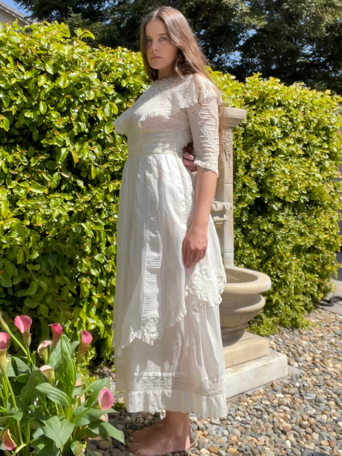 Edwardian Cotton Lawn Lace Trim Capelet Day Dress
