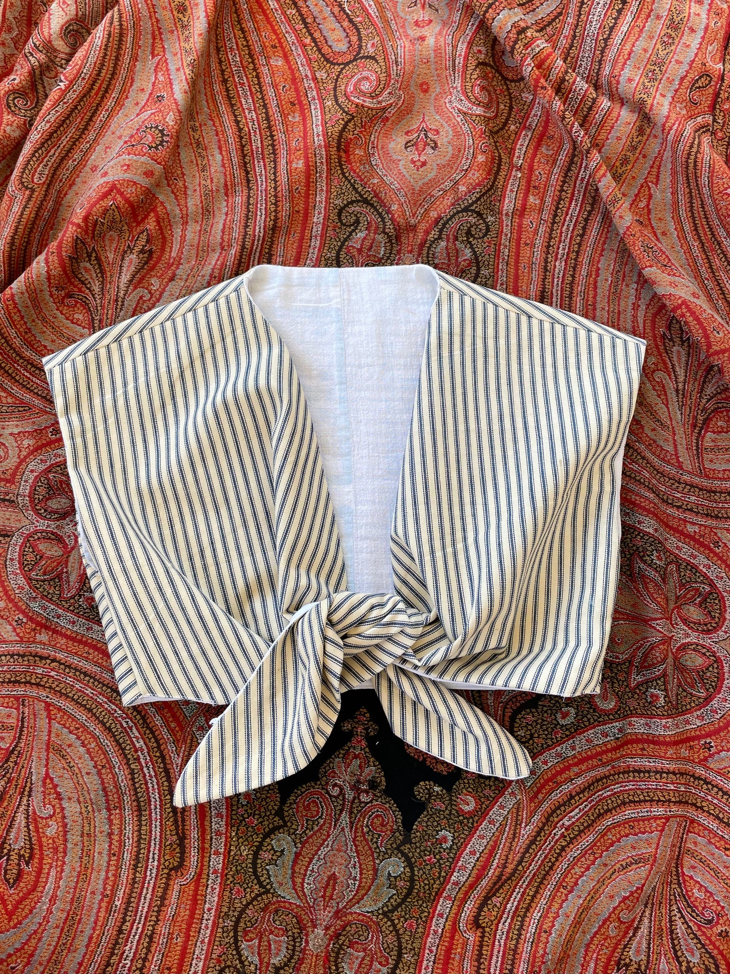 1940s Inspired Reversible Tie Front Top Domino Sugar Sack & Ticking Stripe XS-S