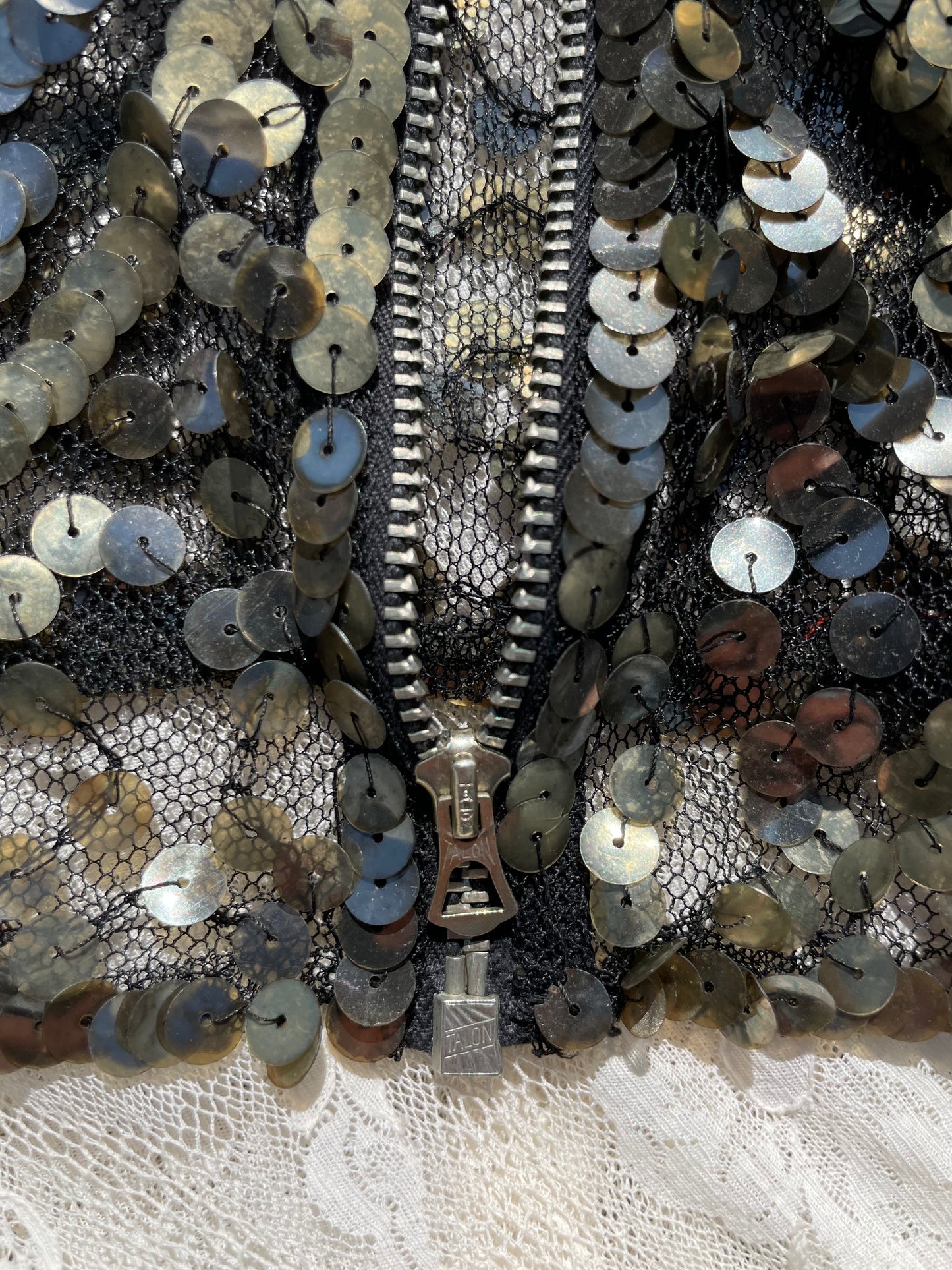 1930s Sequin Zip Front Mesh Blouse