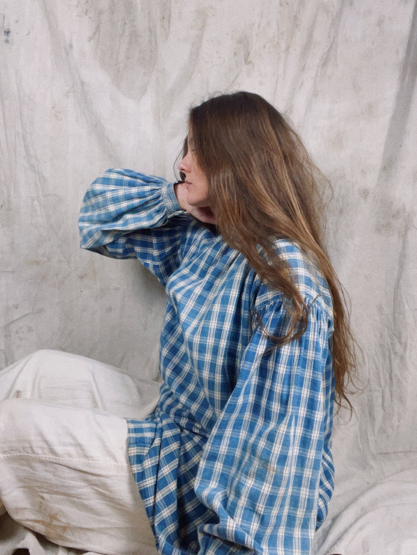 RARE Turn Of The Century Homesewn Indigo Homespun Gingham Biaude Style Smock
