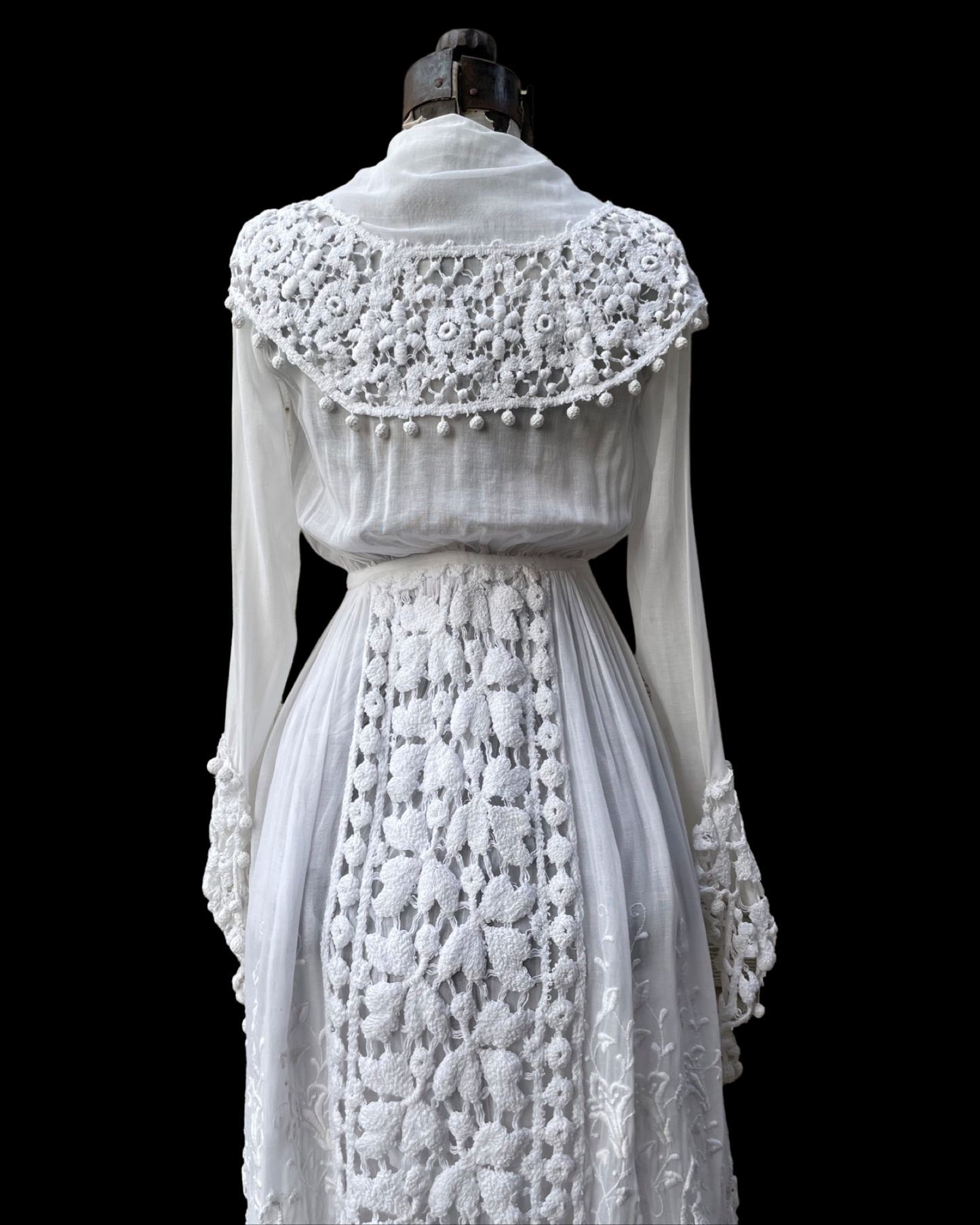1910s Embroidered Crochet Lace Sailor Collar Cotton Lawn Dress