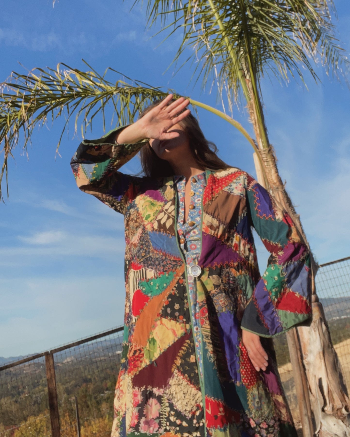 1920s Deco Bell Sleeve Silk Crazy Quilt Robe
