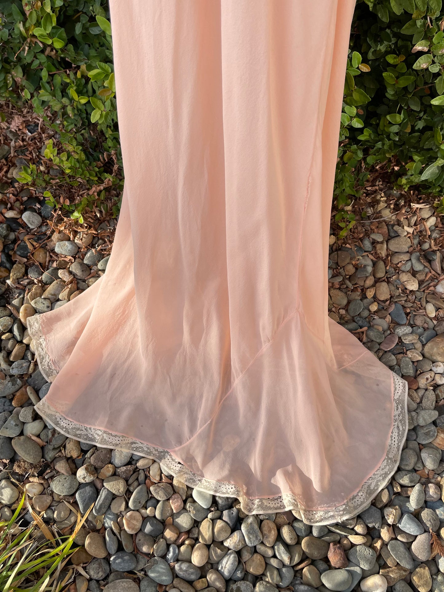 1930s Ballet Pink Silk Chiffon & Lace Trim Bias Cut Slip Dress