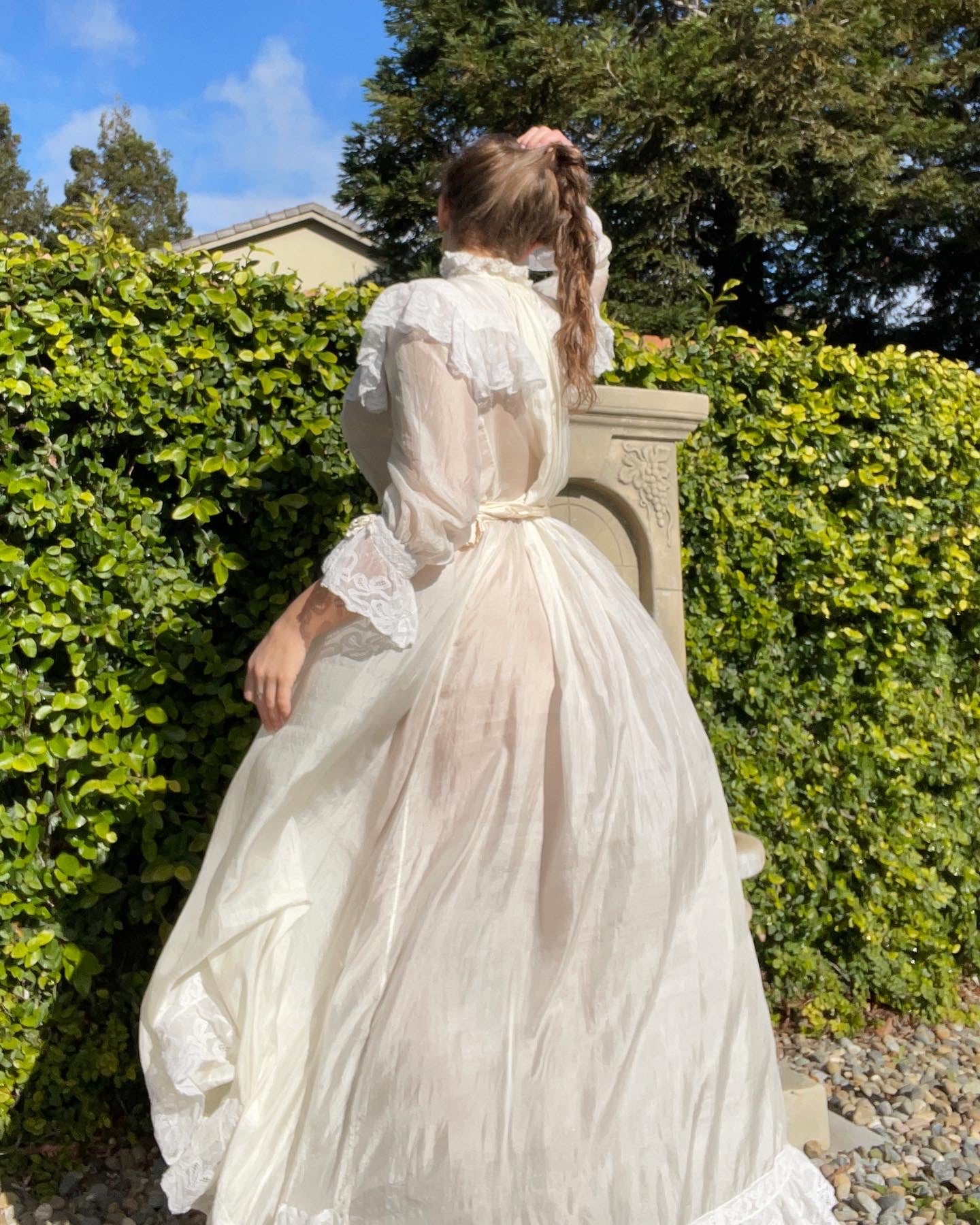 RARE 1890s Silk & Lace High Neck Watteau Dressing Gown
