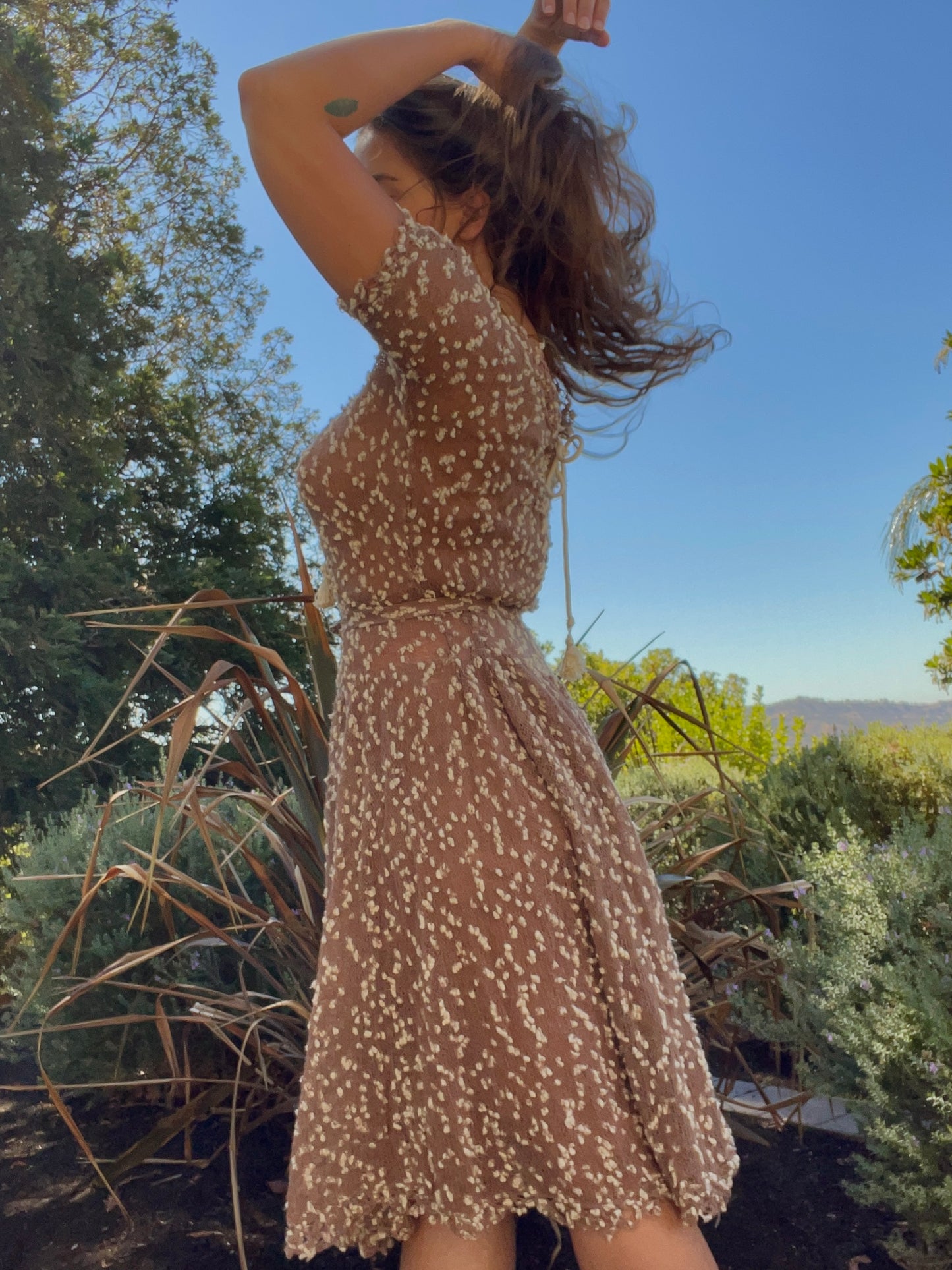 1940s Nubby Popcorn Wool Knit Lace Up Dress