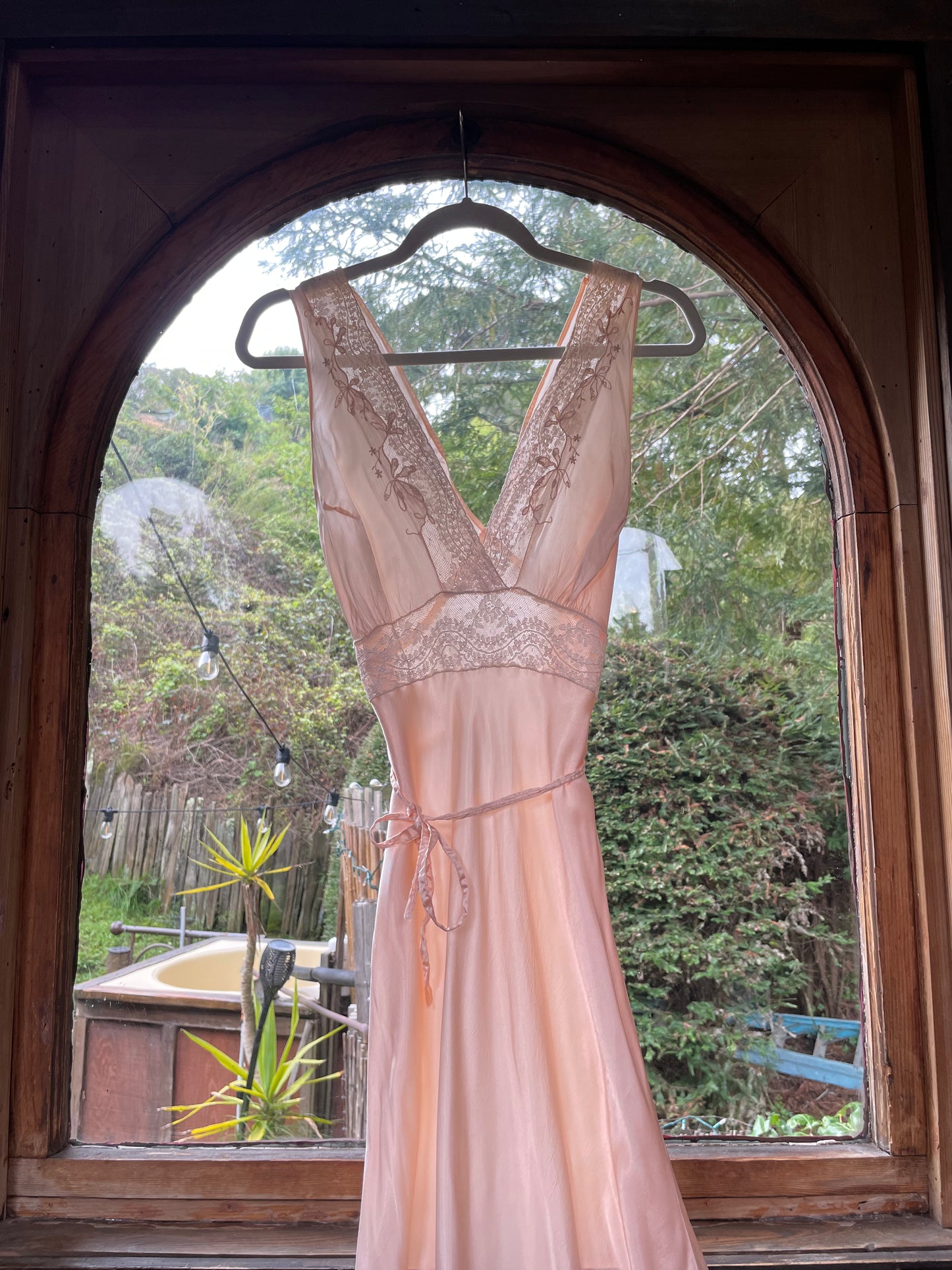 1940s Inset Lace Rayon Ballet Pink Bias Cut Slip Dress
