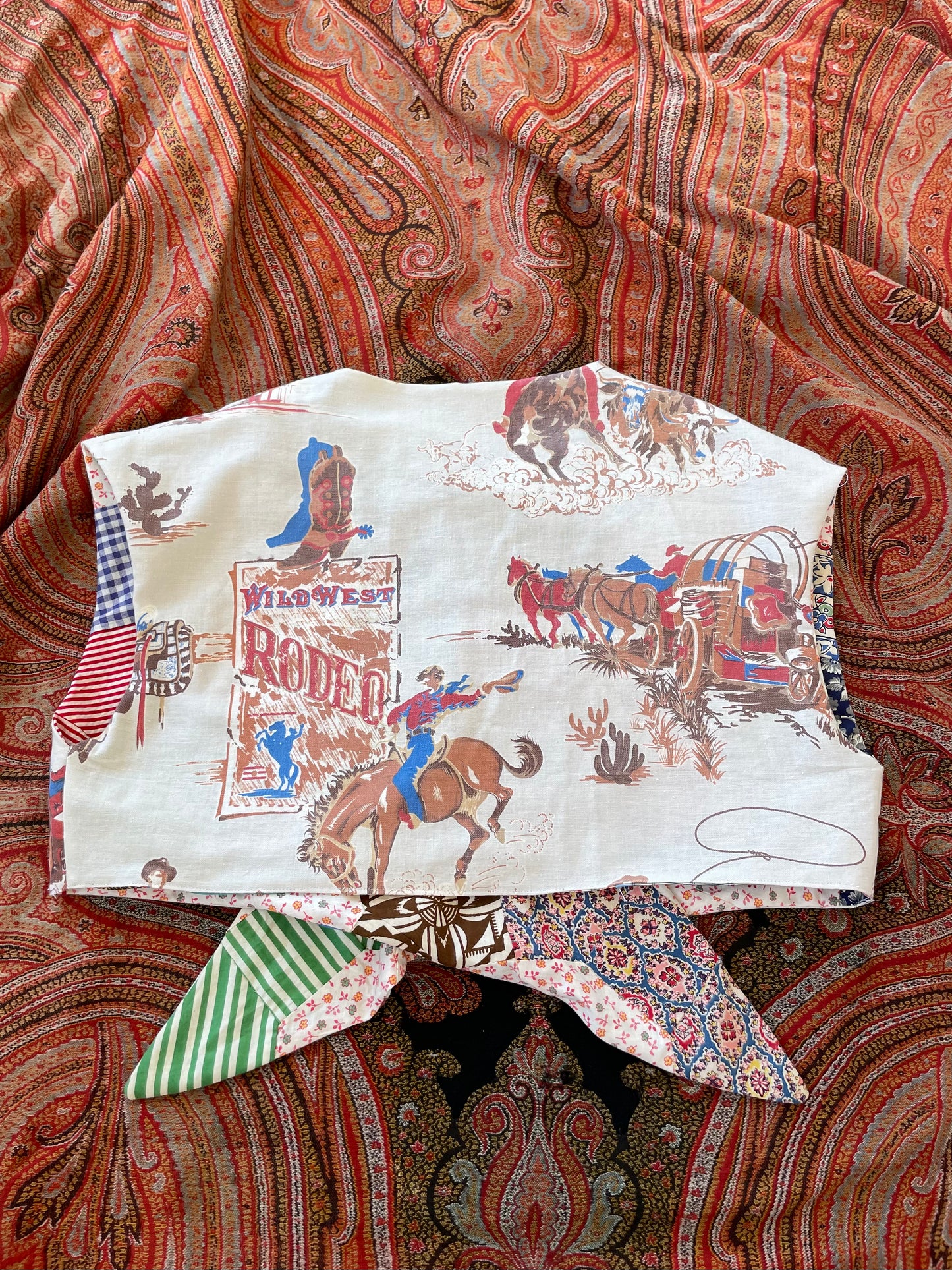 1940s Inspired Bow Tie Quilt Top/ Wild West Reversible Tie Front Top L/XL