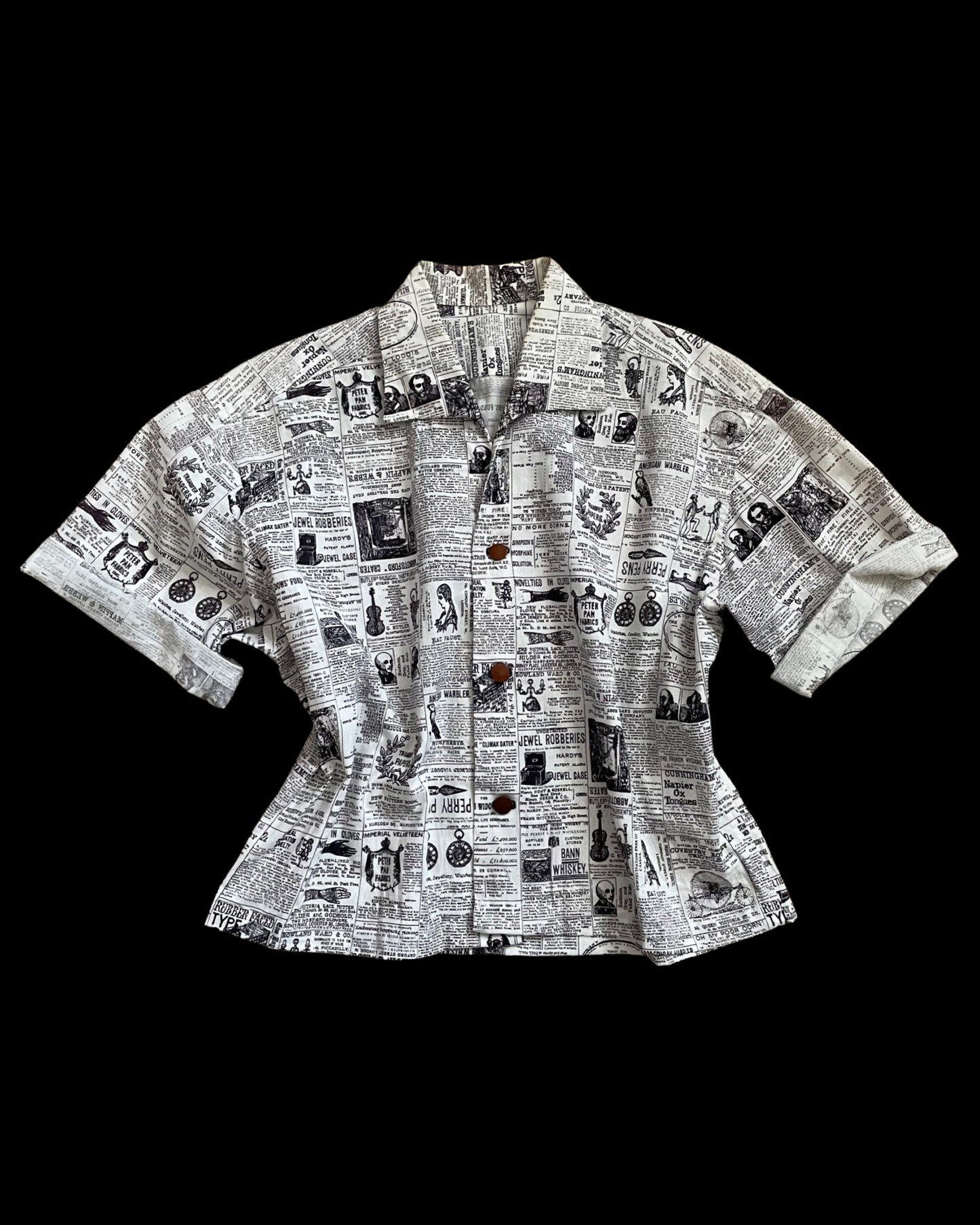 1950s Newspaper Print Button Down Blouse