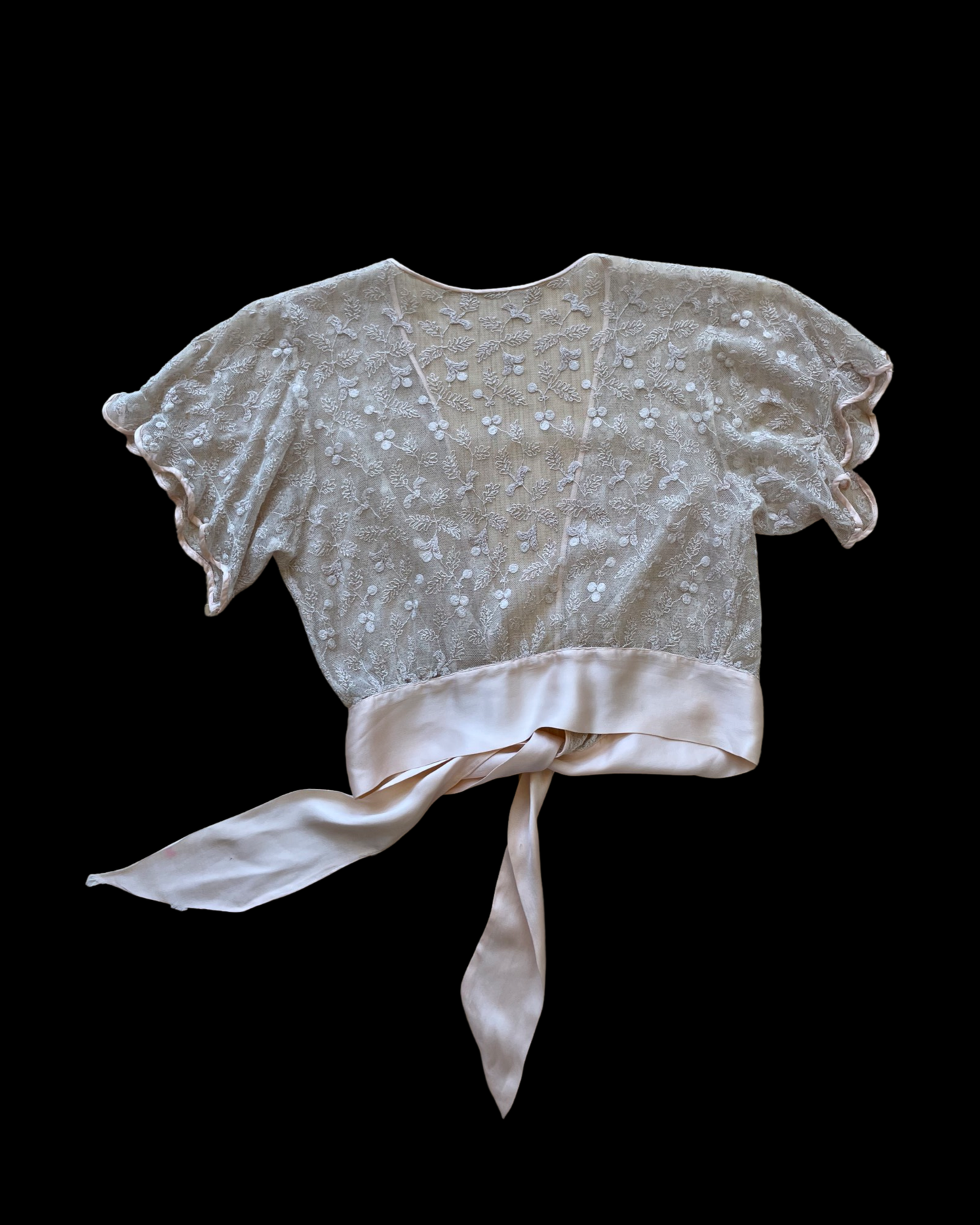 1930s Blush Pink Embroidered Net Tie Front Blouse