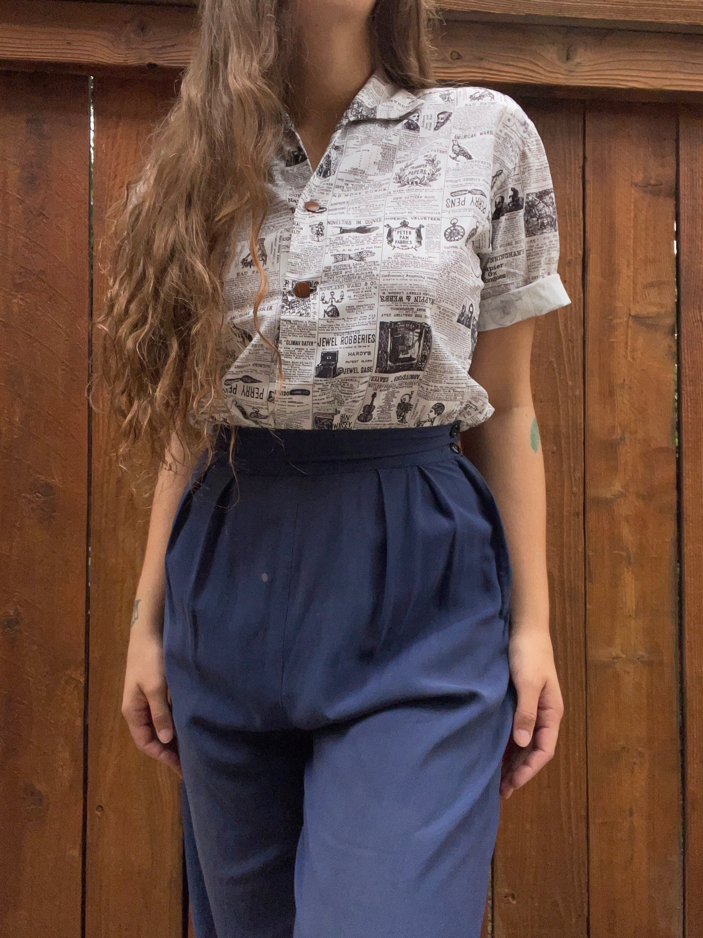 1950s Newspaper Print Button Down Blouse