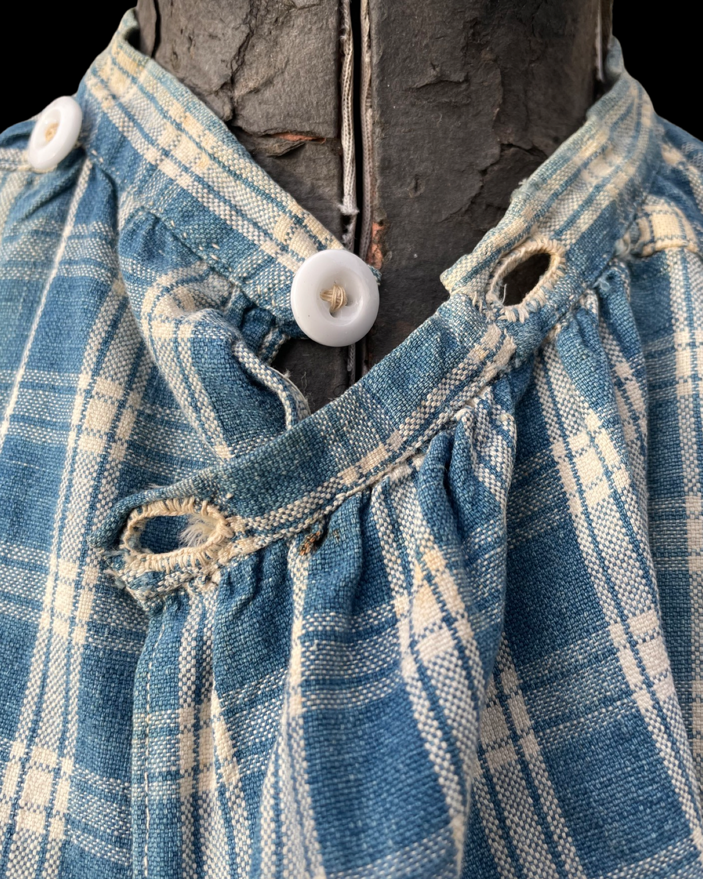 RARE Turn Of The Century Homesewn Indigo Homespun Gingham Biaude Style Smock