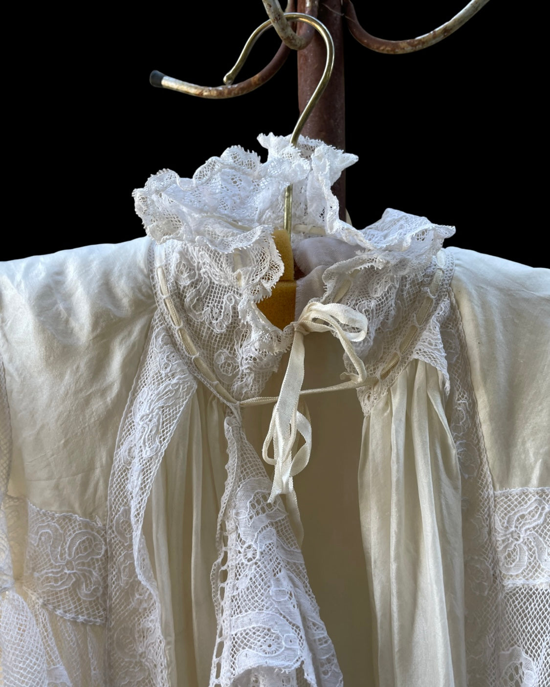 RARE 1890s Silk & Lace High Neck Watteau Dressing Gown