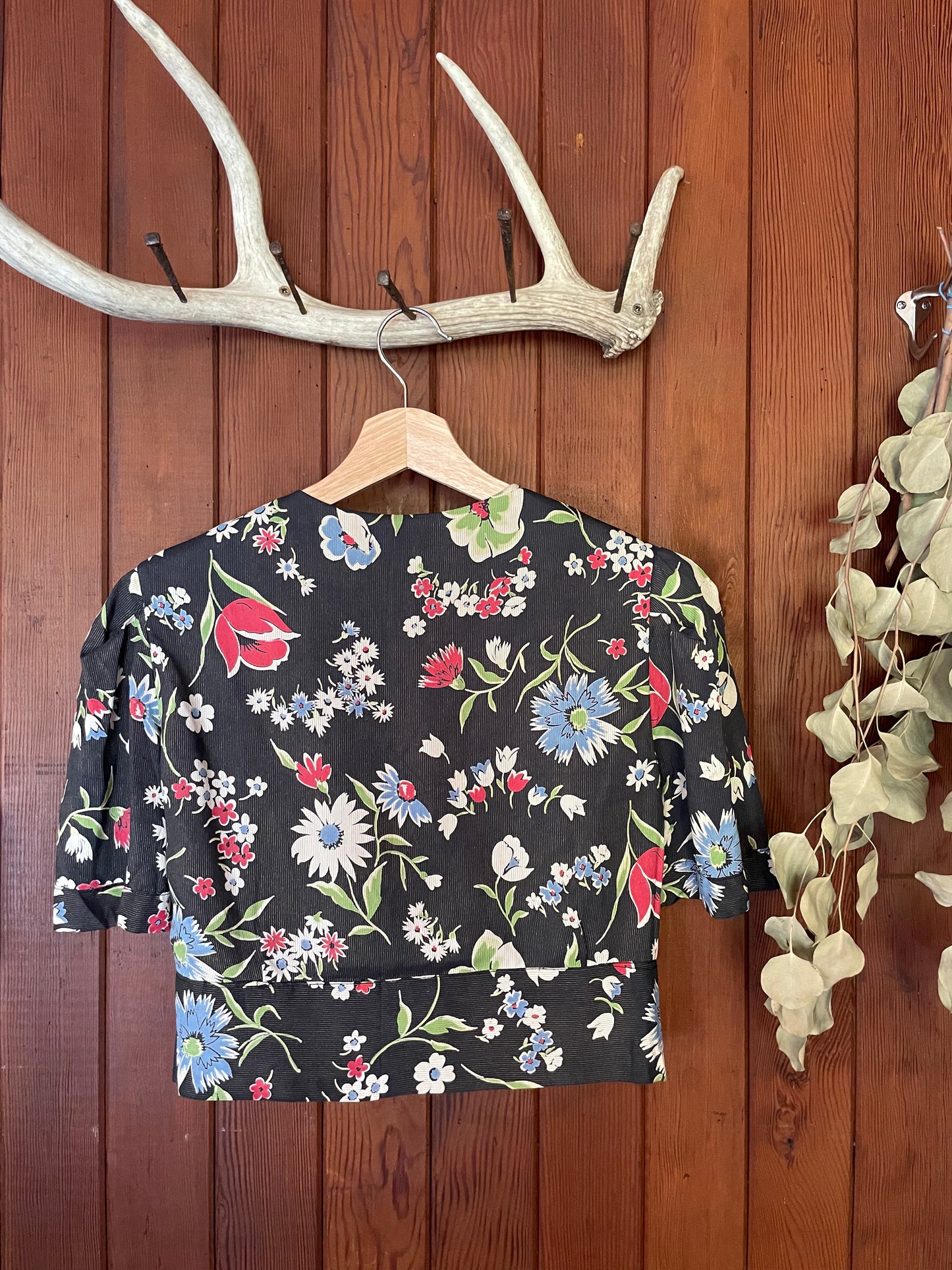 1930s Floral Silk Puff Sleeve Cropped Blouse