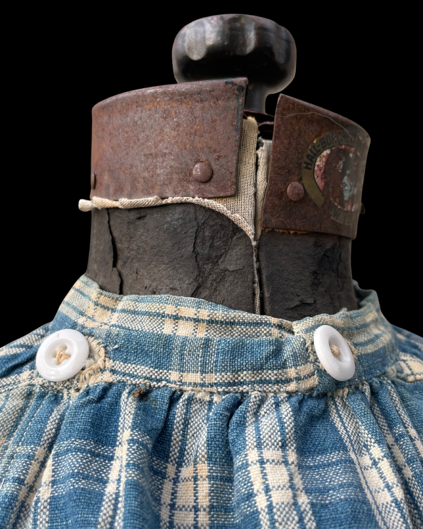RARE Turn Of The Century Homesewn Indigo Homespun Gingham Biaude Style Smock