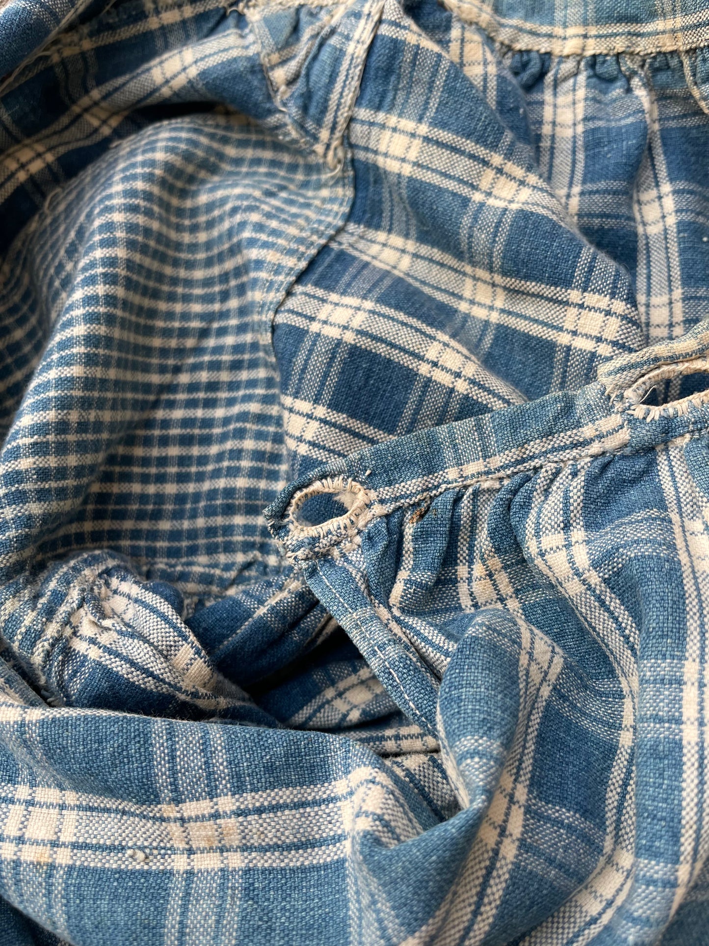 RARE Turn Of The Century Homesewn Indigo Homespun Gingham Biaude Style Smock
