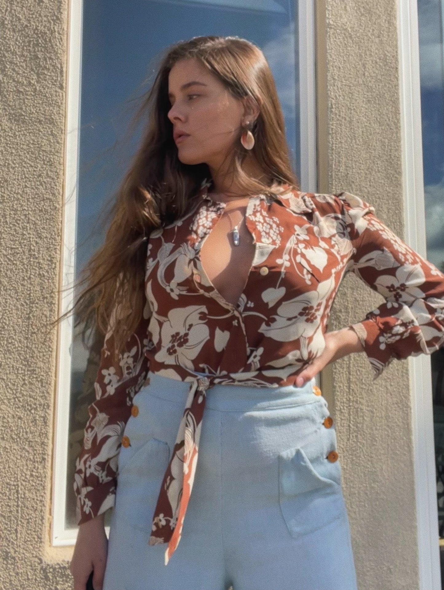 Rare 1940s Cold Rayon Hawaiiana Loop Collar Puff Sleeve Tie Waist Blouse