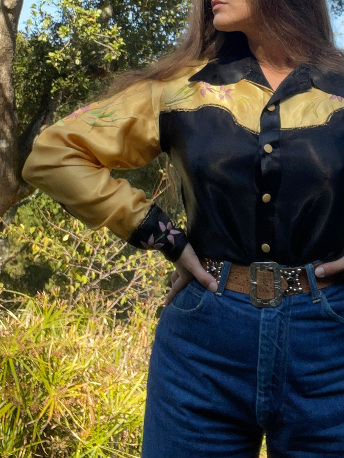 1940s Marigold Embroidered Satin Western Shirt