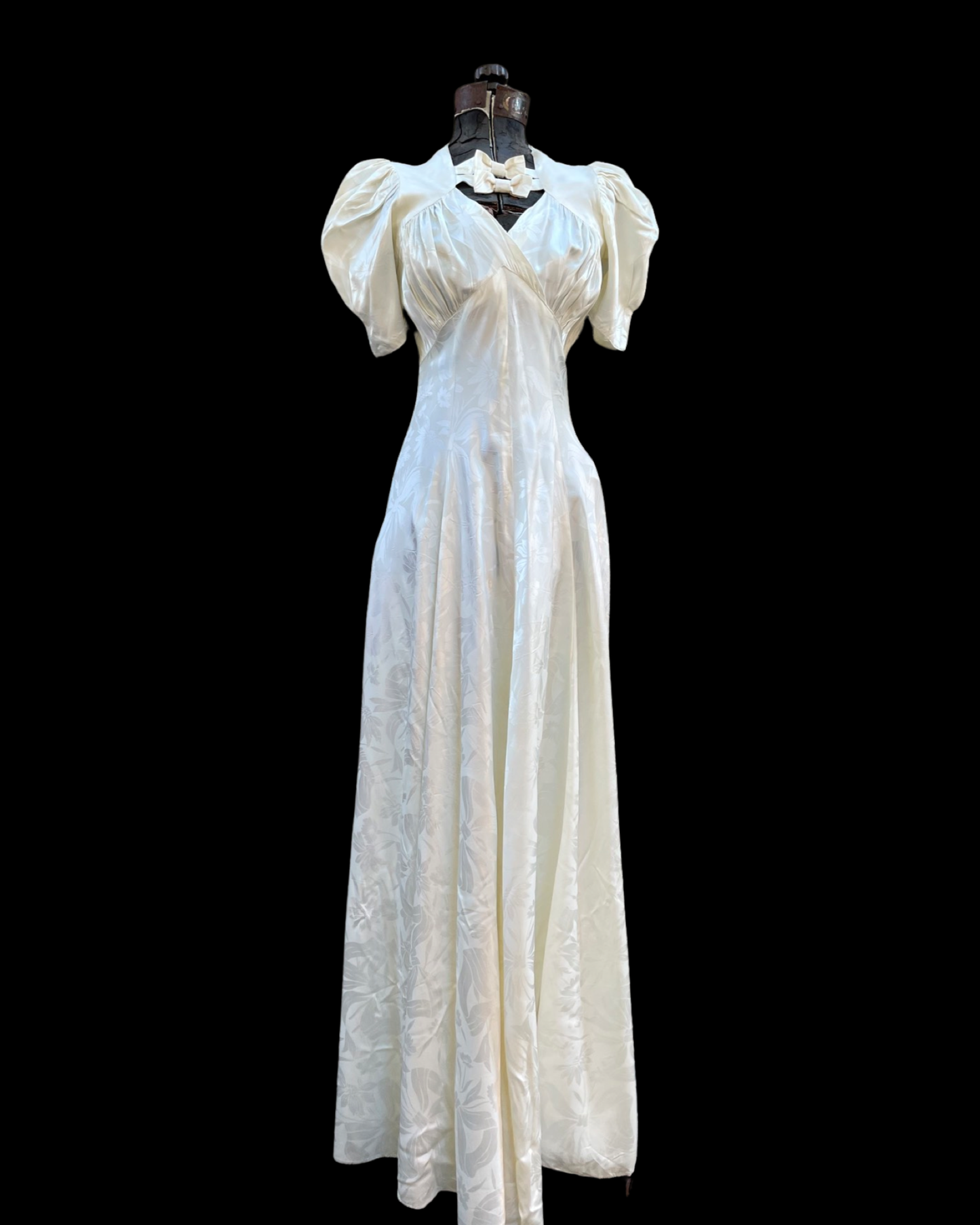 1930s Floral Bow Printed Rayon Satin Puff Sleeve Gown
