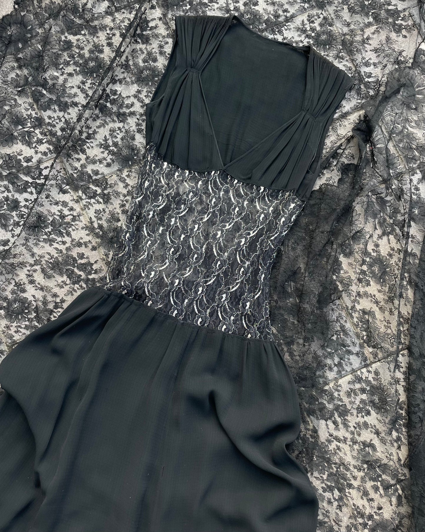 1930s Metallic Lace Sheer Midriff Gown