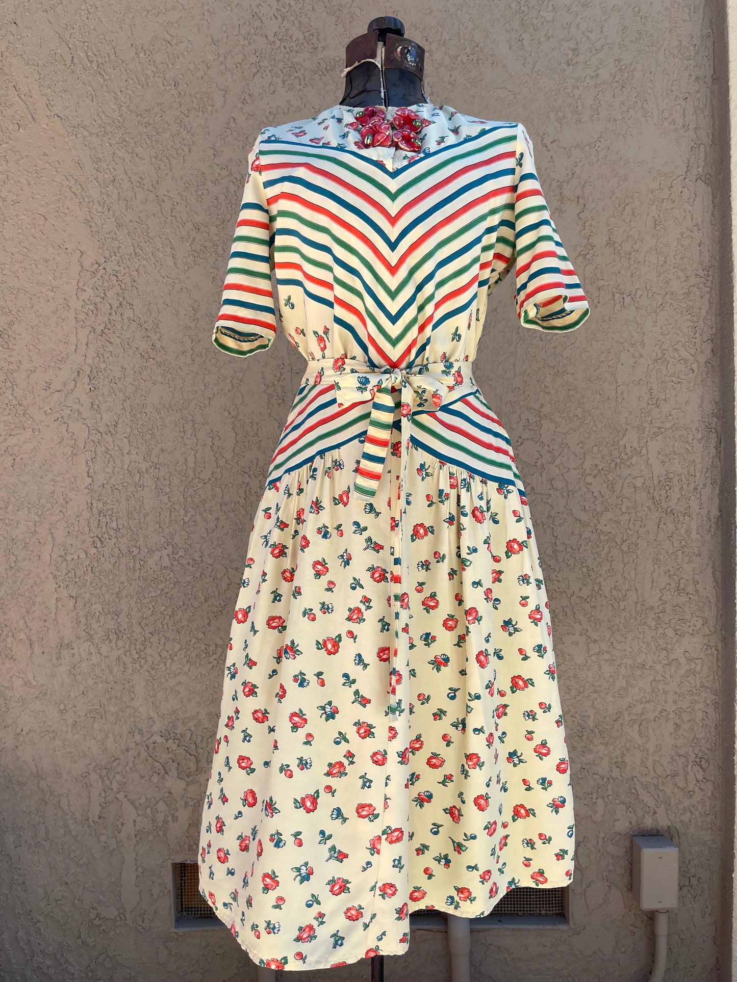 RARE 1940s 'Gay Gibson' Chevron Striped Flora Coldl Rayon Dress