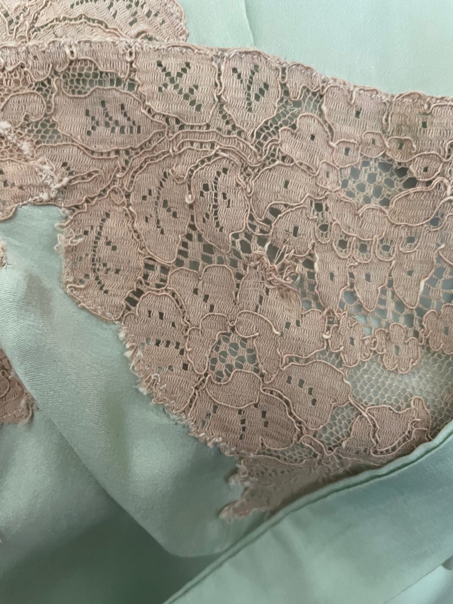 1930s Minty Silk & Ecru Lace Bias Cut Slip Dress