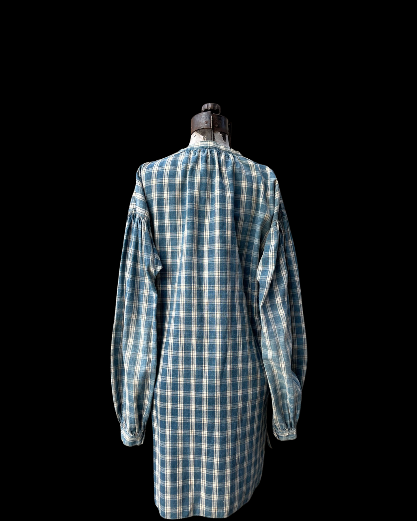 RARE Turn Of The Century Homesewn Indigo Homespun Gingham Biaude Style Smock