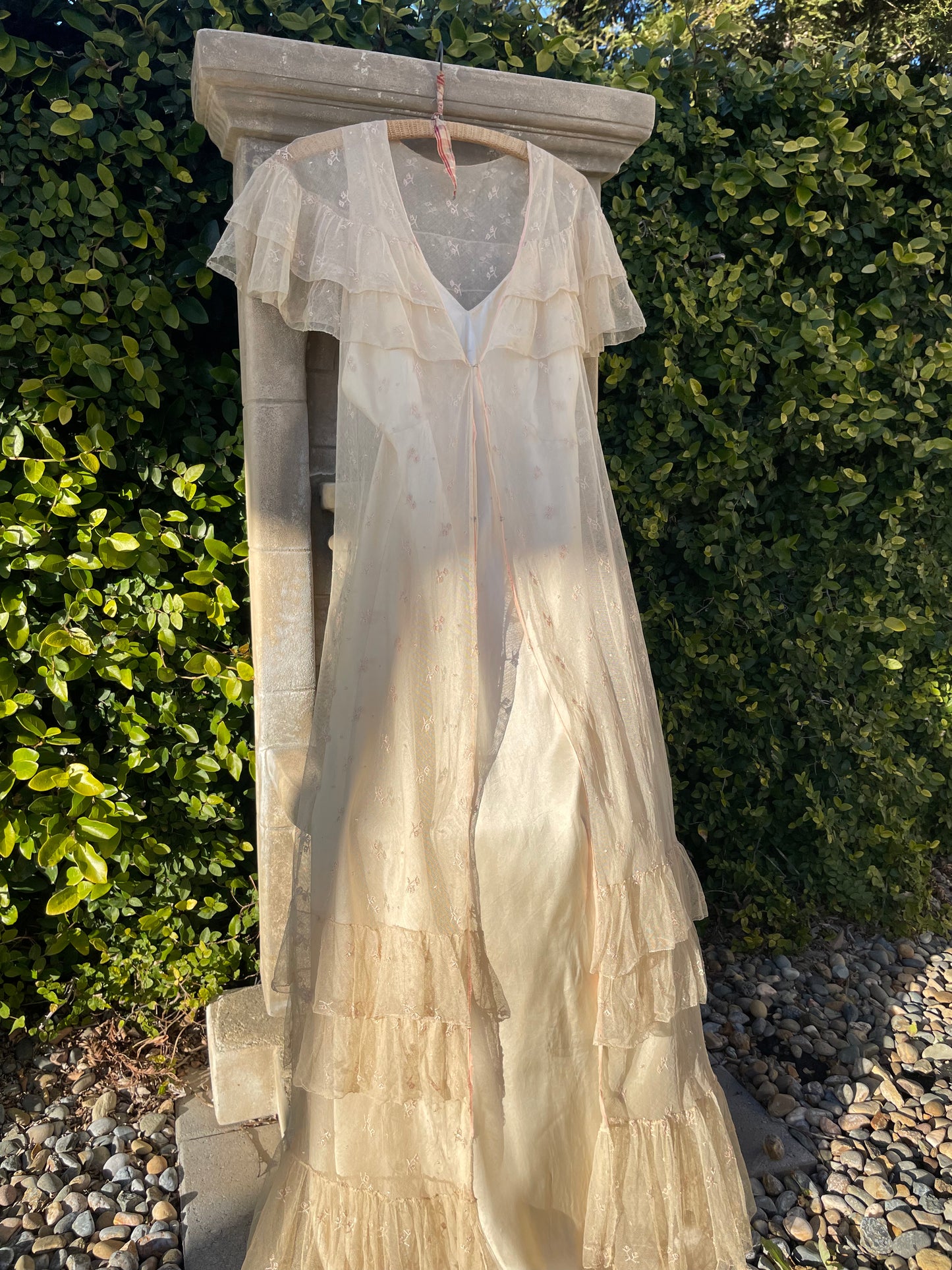 1930s Embroidered Net Ruffle Collar Peignoir Over Dress