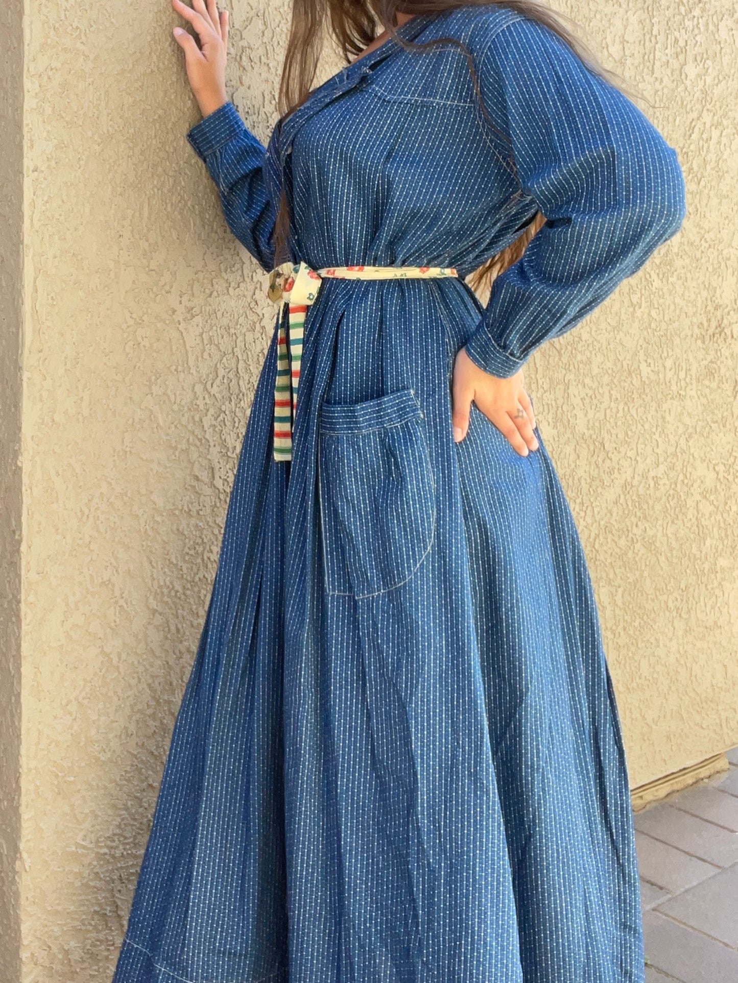 Early 1900s Indigo Calico Sailor Collar Work Dress