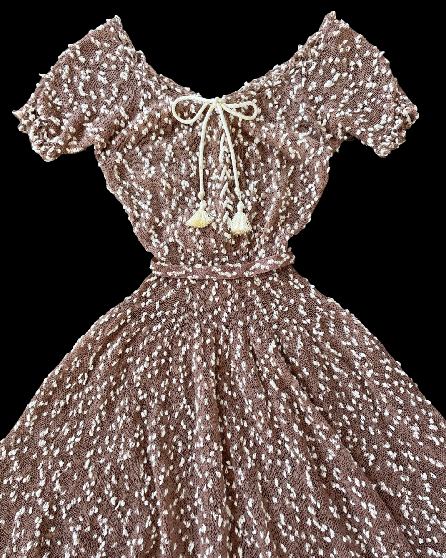 1940s Nubby Popcorn Wool Knit Lace Up Dress