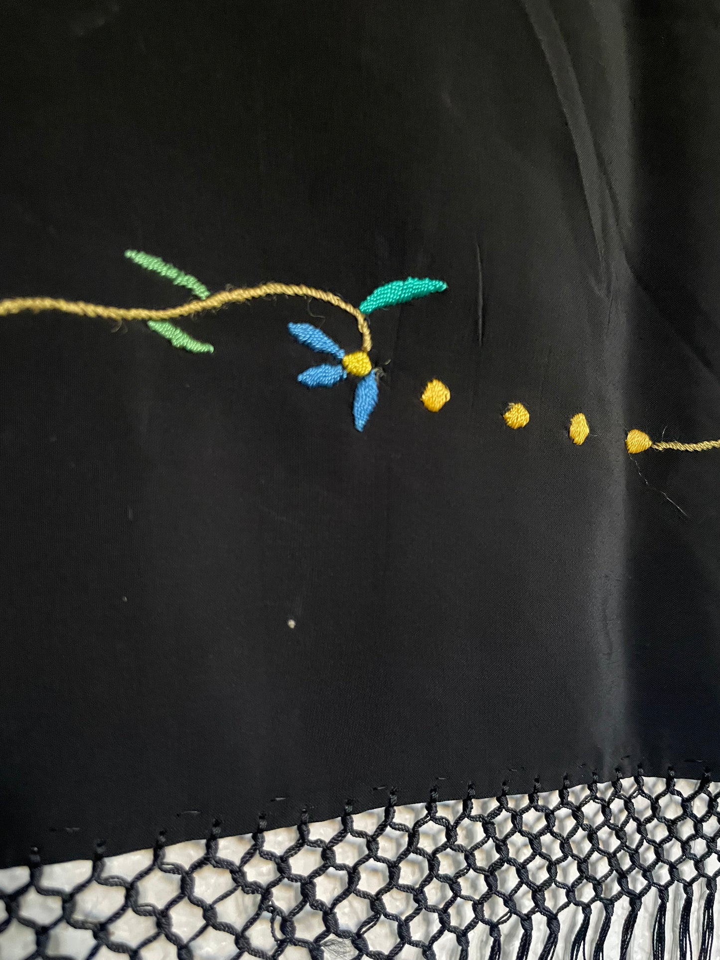 1930s Embroidered Rayon Fringe Piano Shawl
