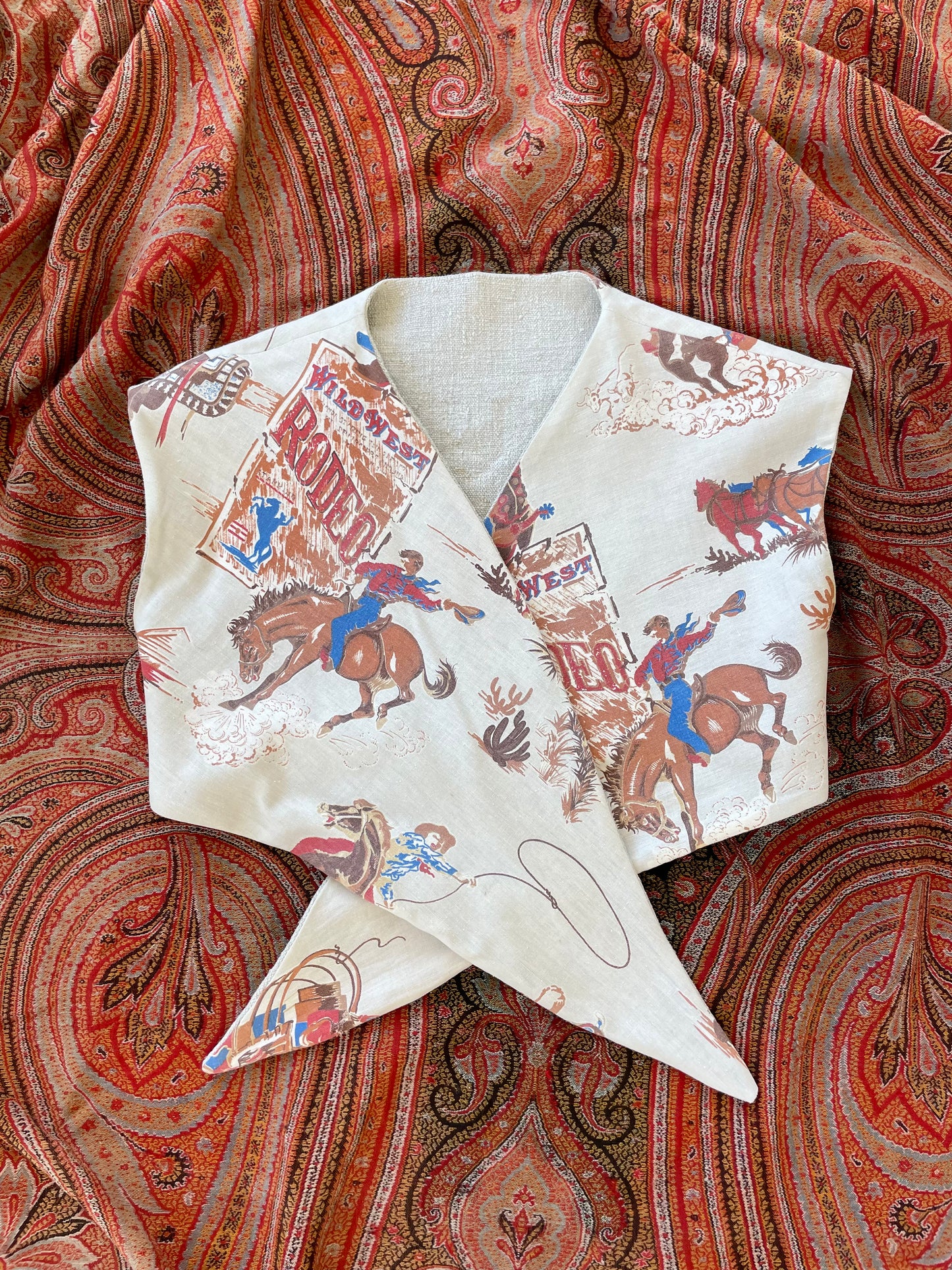 1940s Inspired Reversible Tie Front Top 1800s Hemp & Wild West Print XS-S/M