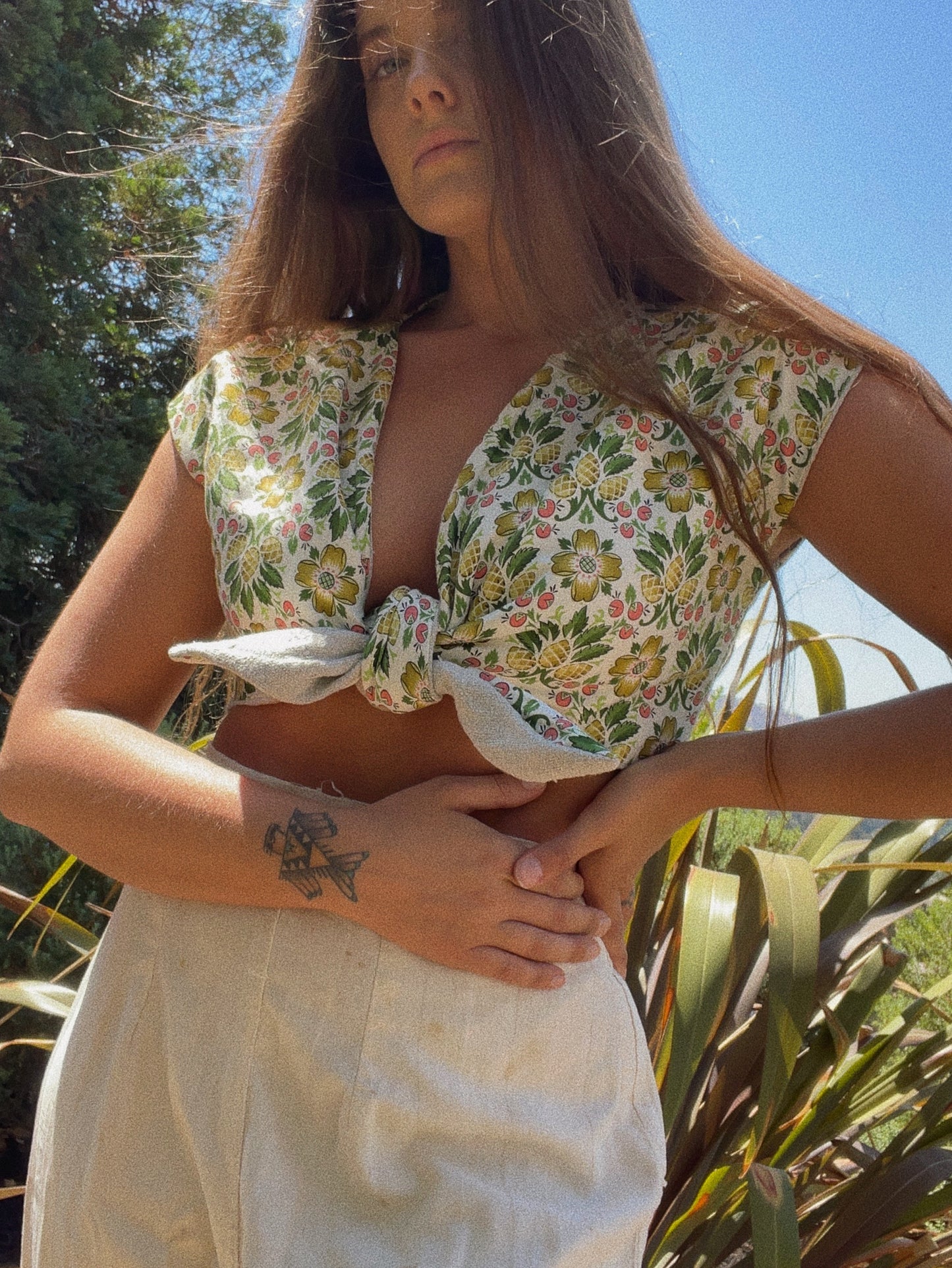 1940s Inspired Reversible Tie Front Top 1800s Hemp & 40s Novelty Print XS-S/M