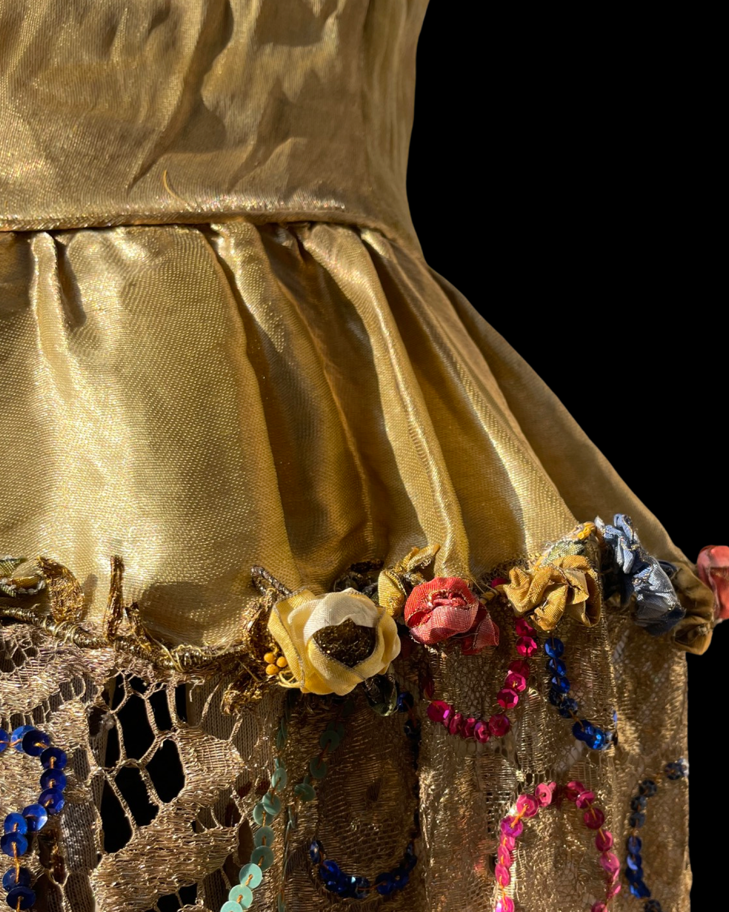 RARE 1920s Robe De Style Gold Lamé & Lace Multi Color Sequin Embellished Gown