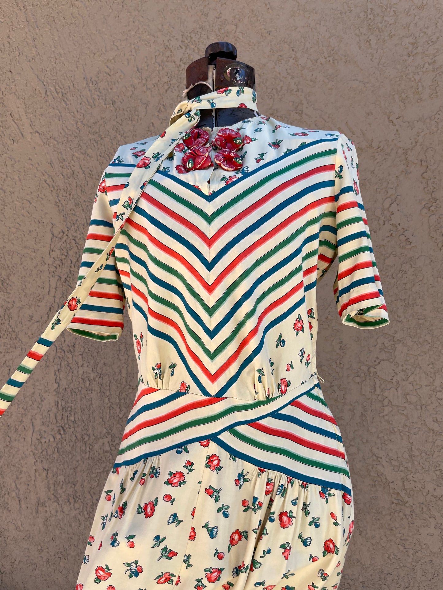 RARE 1940s 'Gay Gibson' Chevron Striped Flora Coldl Rayon Dress