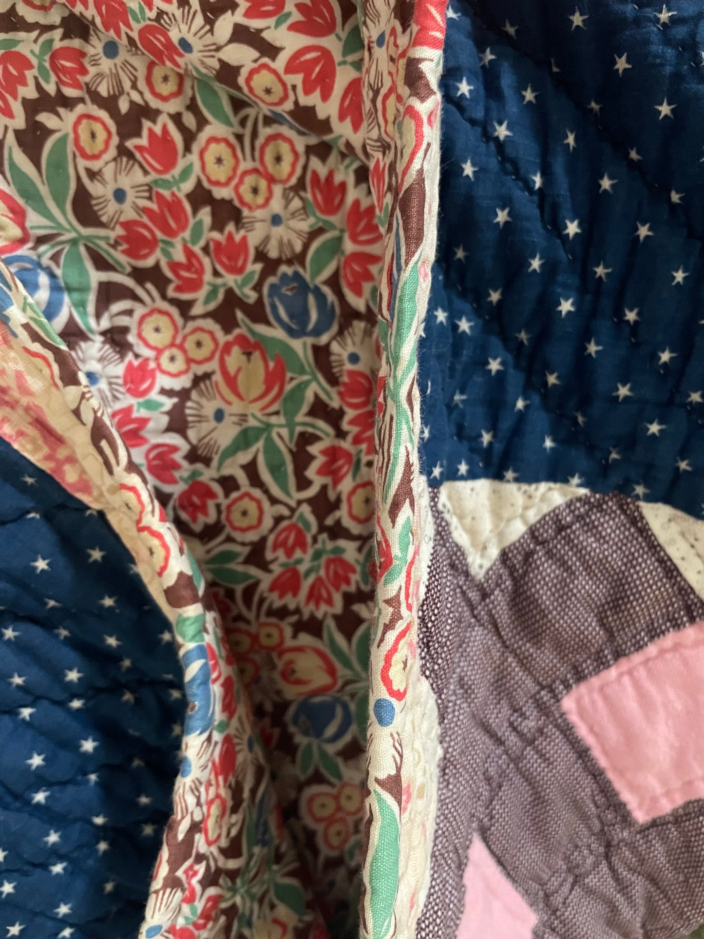 Early 1900s Calico Patchwork Hand Stitched Quilt