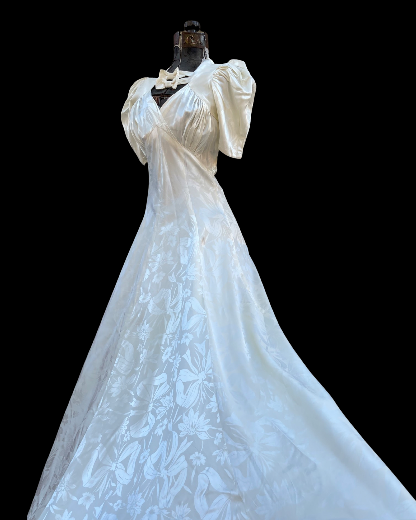 1930s Floral Bow Printed Rayon Satin Puff Sleeve Gown