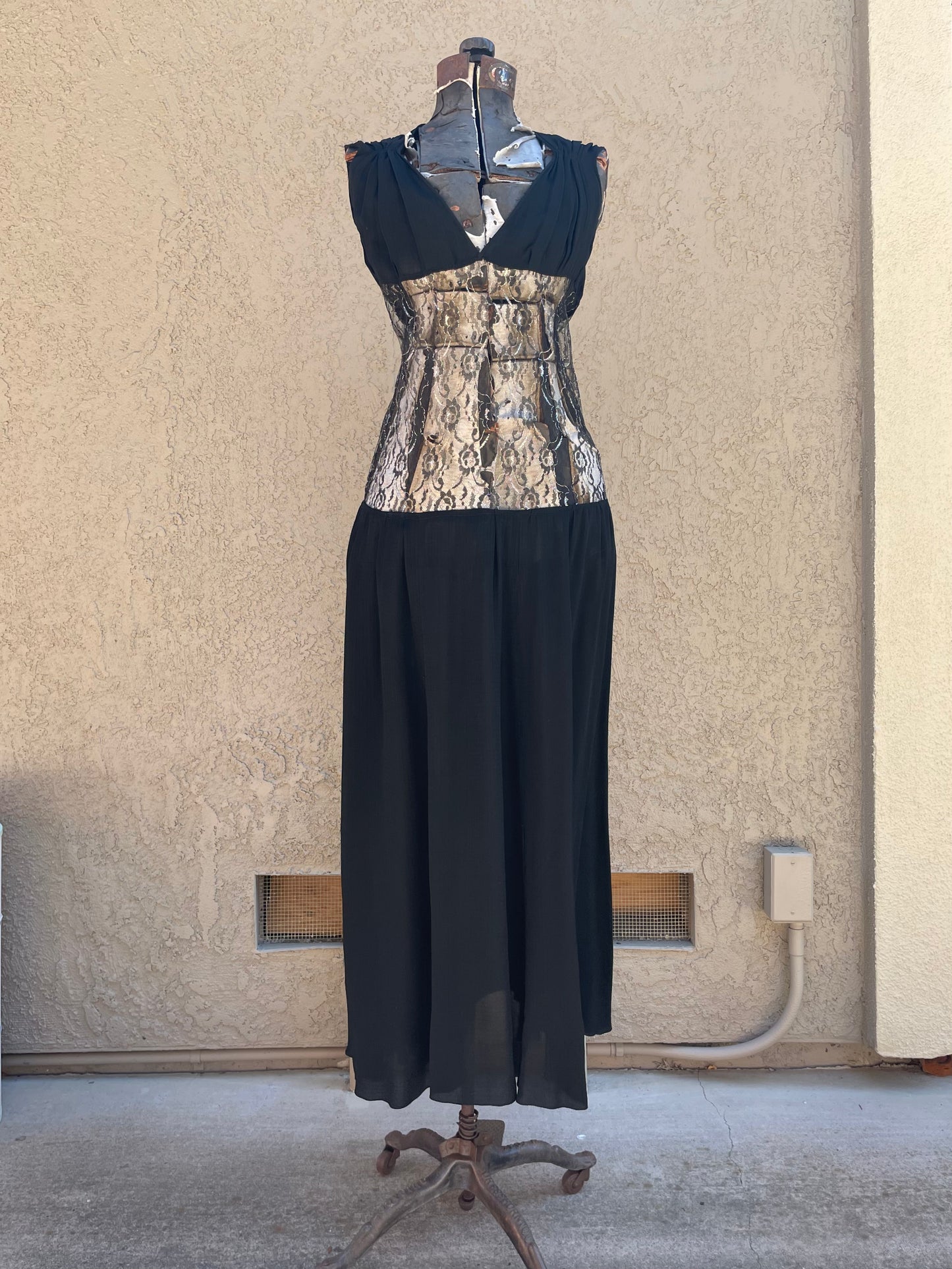 1930s Metallic Lace Sheer Midriff Gown