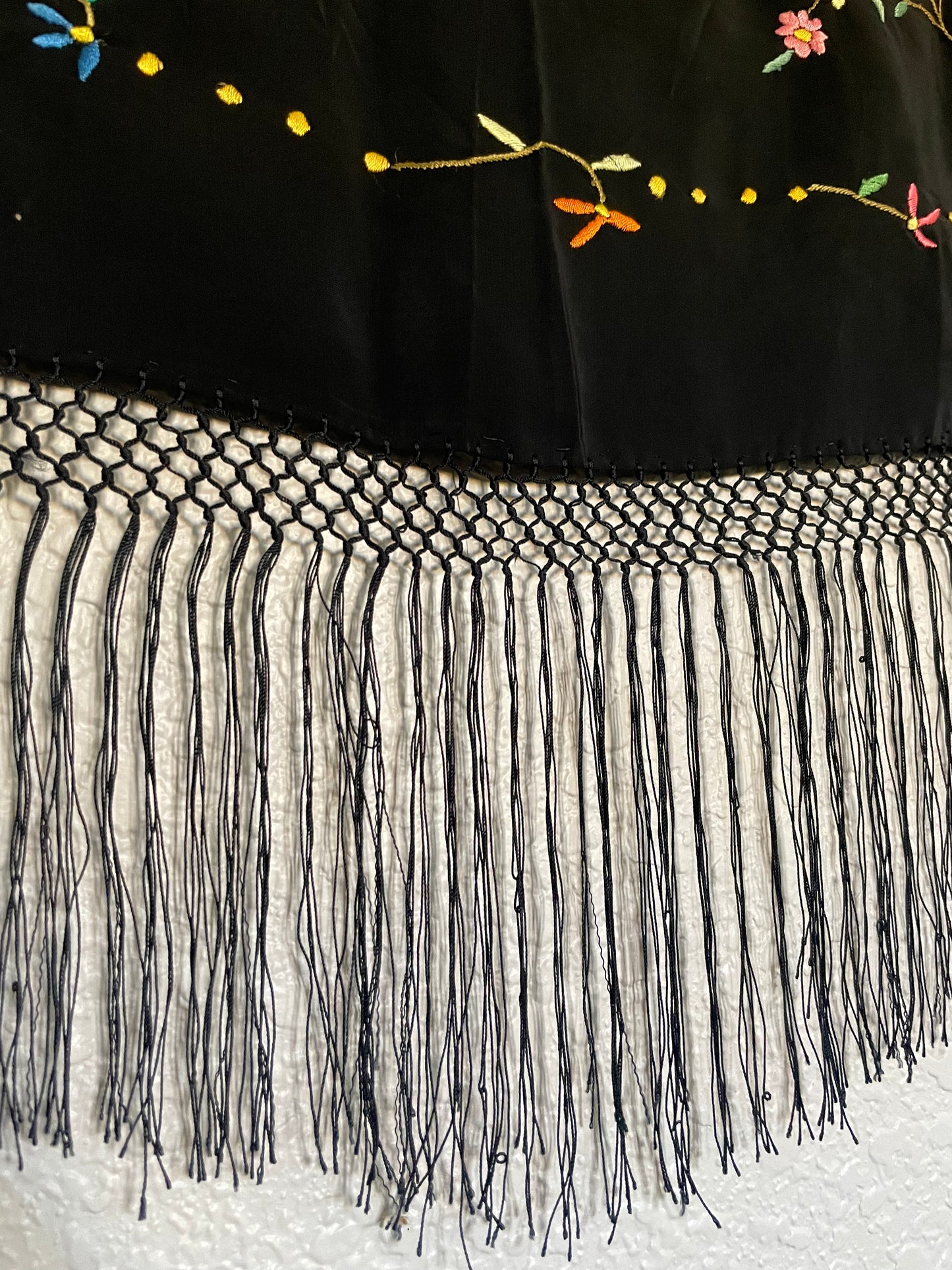 1930s Embroidered Rayon Fringe Piano Shawl