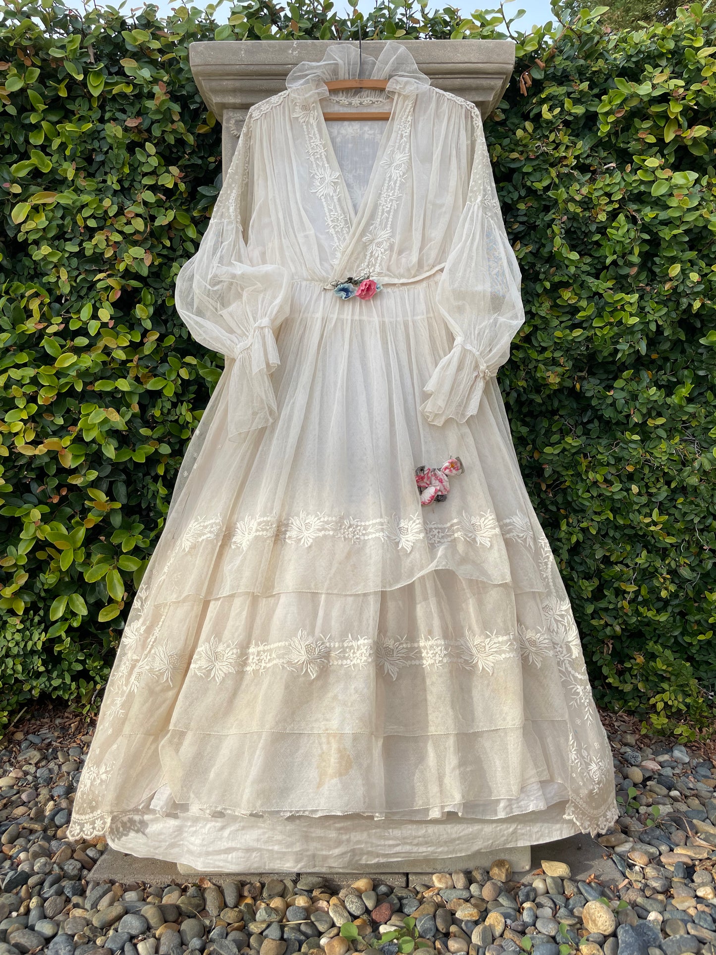 RESERVED Antique 1916 Embroidered Net Hoop Skirt Gown Volup