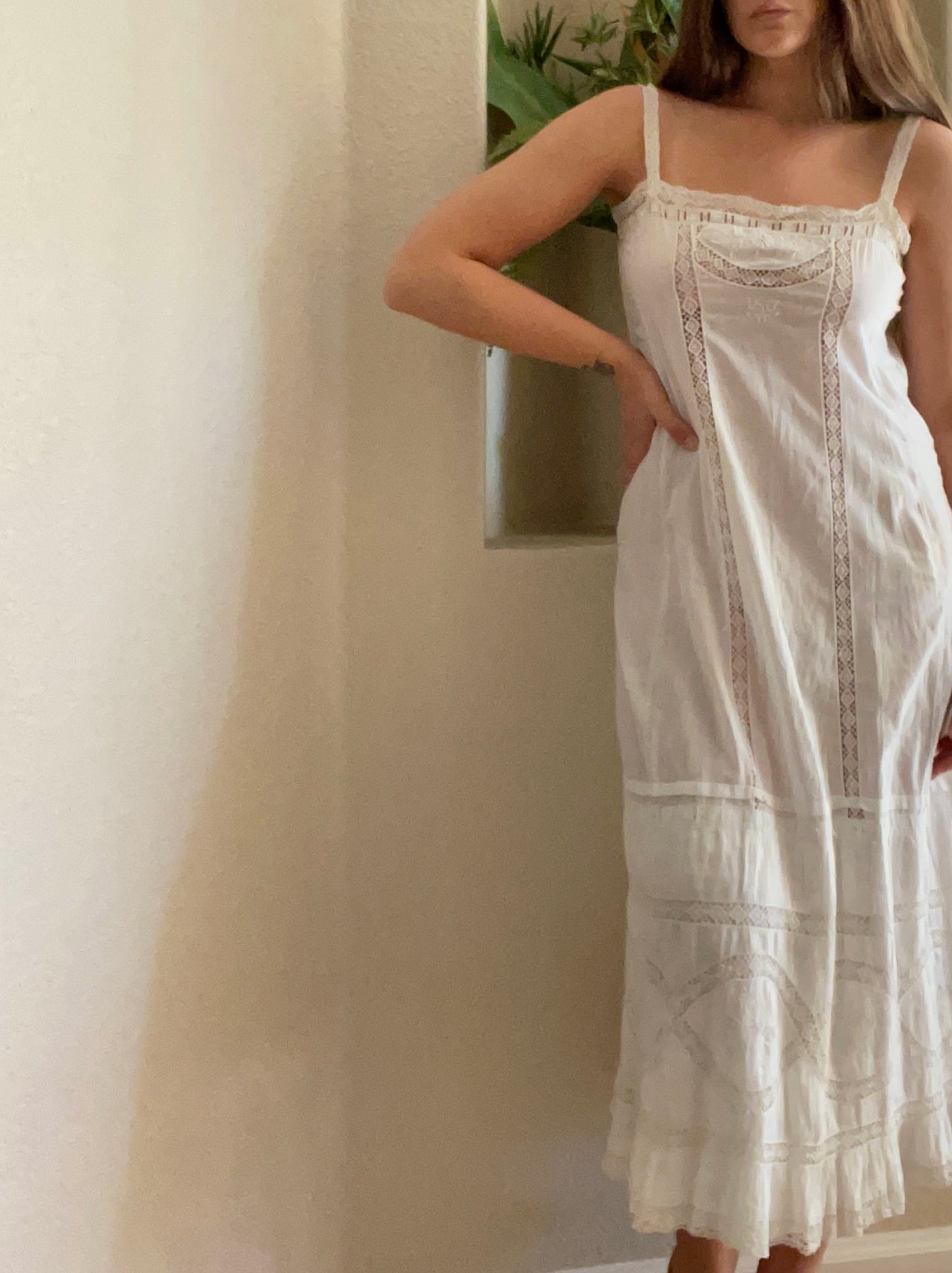 Edwardian Monogrammed Crochet Lace & Cotton Slip Dress