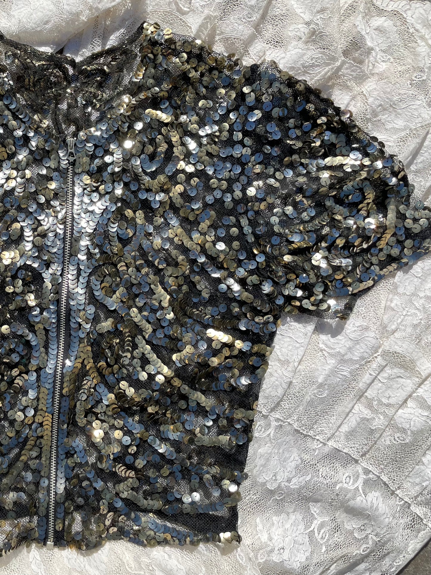 1930s Sequin Zip Front Mesh Blouse