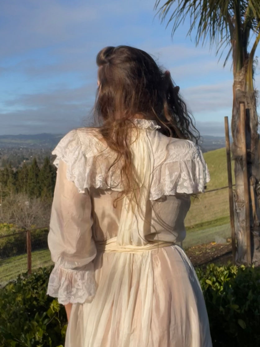 RARE 1890s Silk & Lace High Neck Watteau Dressing Gown