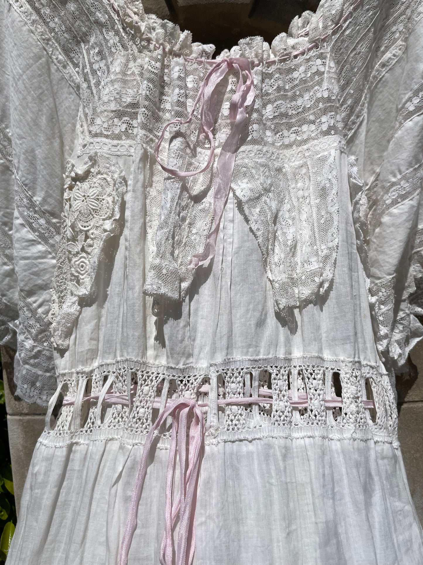 Edwardian Tie Waist Angel Sleeve Fine Cotton & Lace Negligee