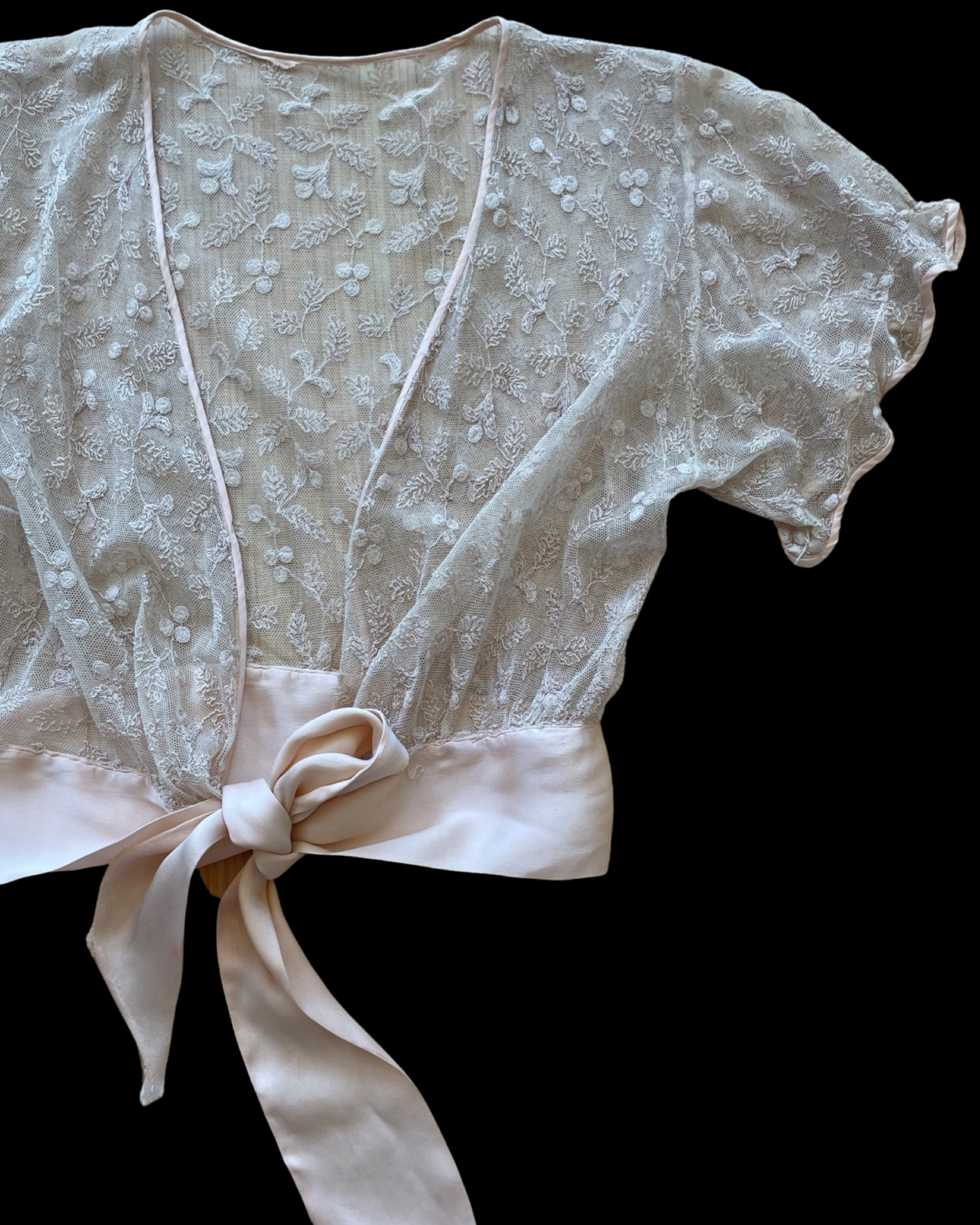 1930s Blush Pink Embroidered Net Tie Front Blouse