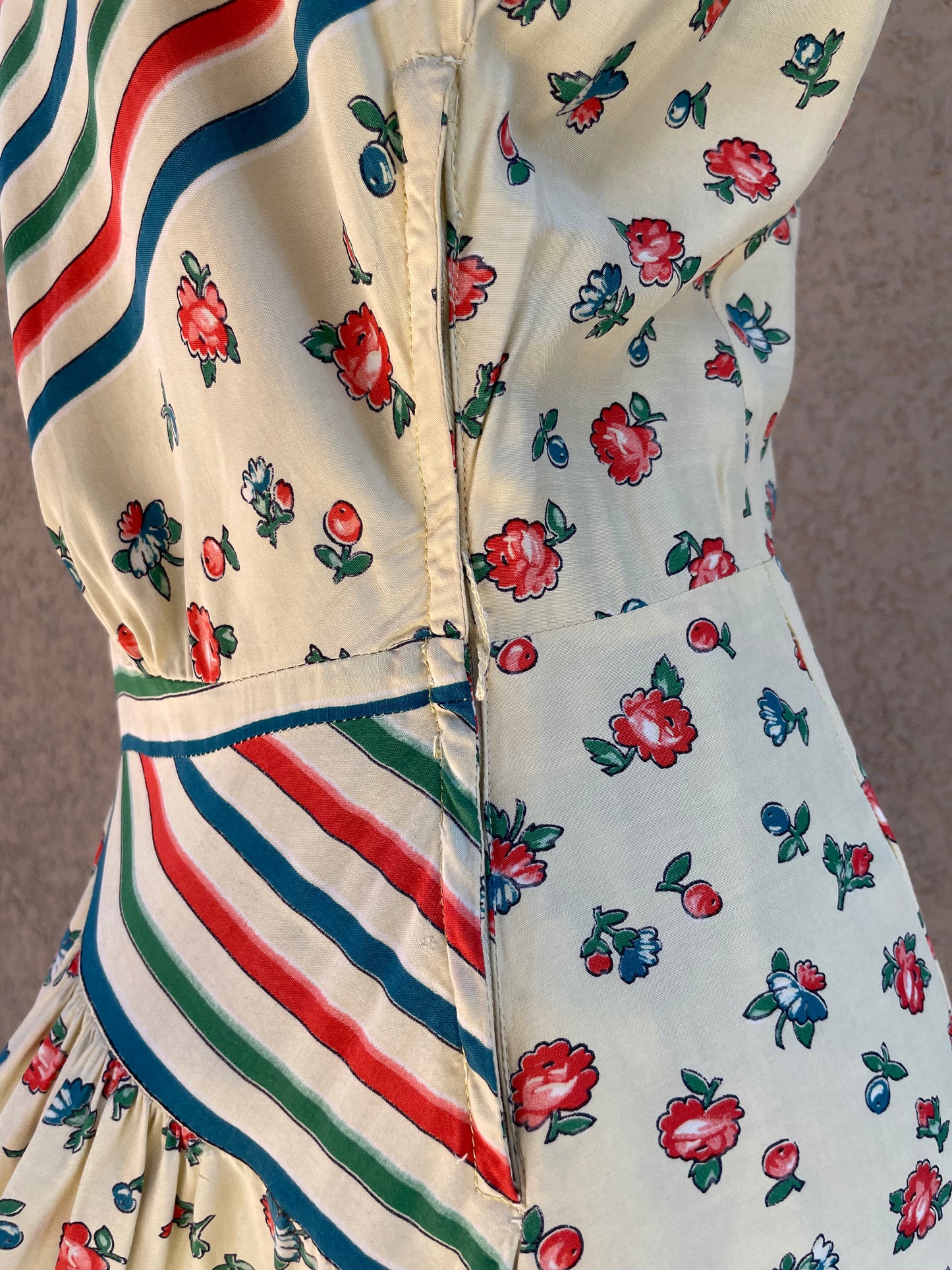 RARE 1940s 'Gay Gibson' Chevron Striped Flora Coldl Rayon Dress