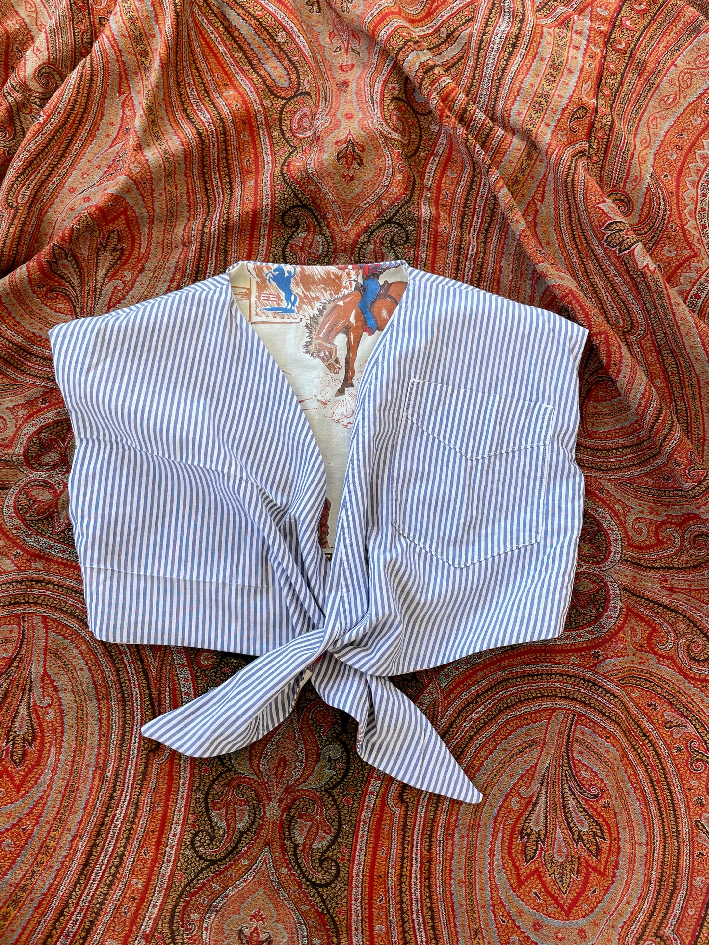 1940s Inspired Reversible Tie Front Top Wild West & 1940s Stripes XS-S