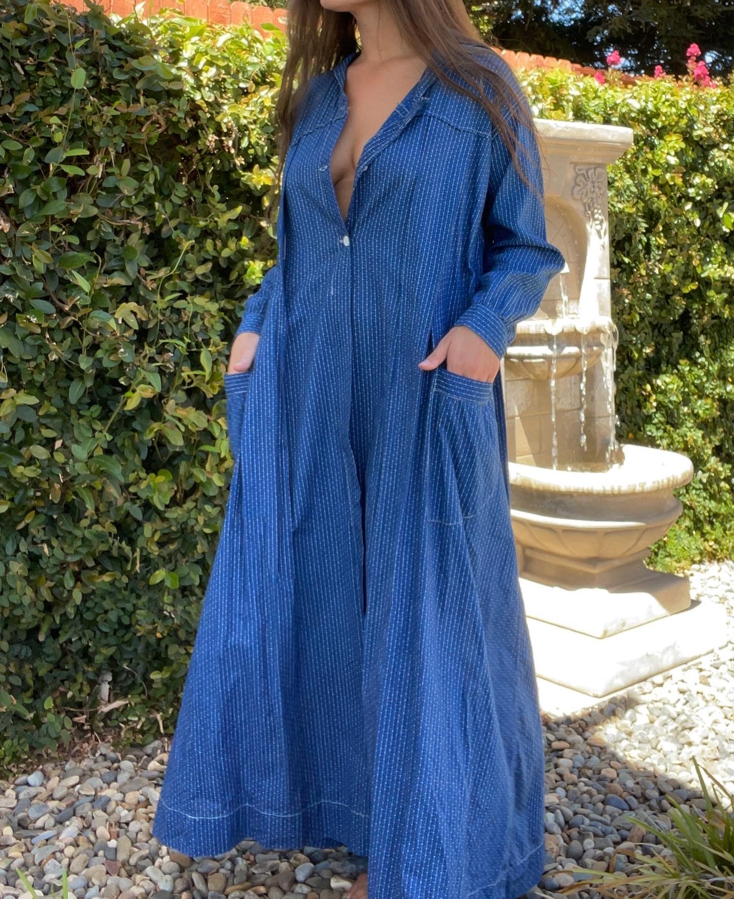 Early 1900s Indigo Calico Sailor Collar Work Dress