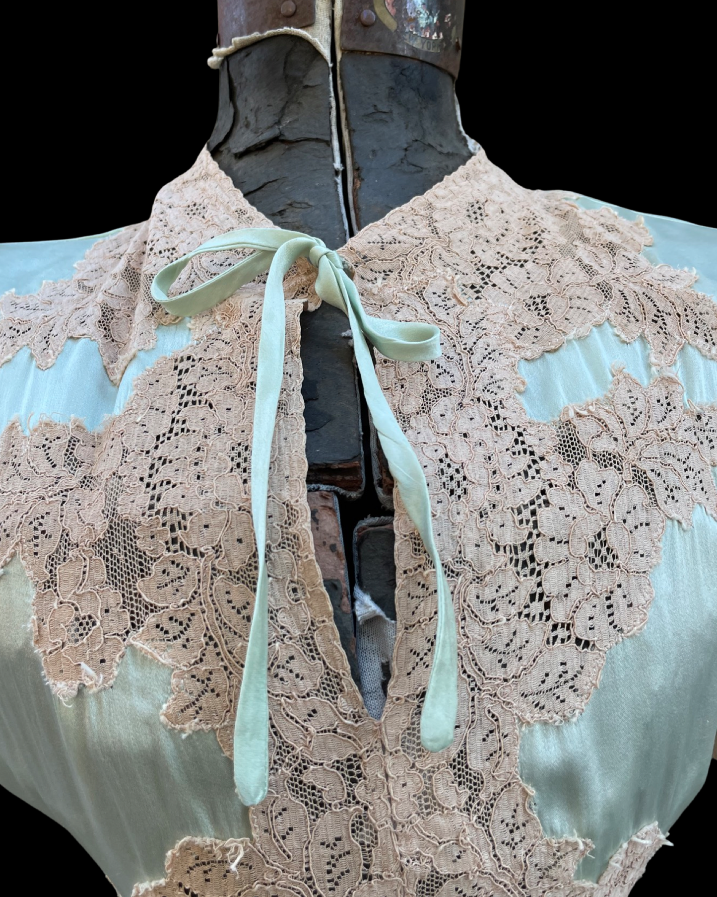 1930s Minty Silk & Ecru Lace Bias Cut Slip Dress