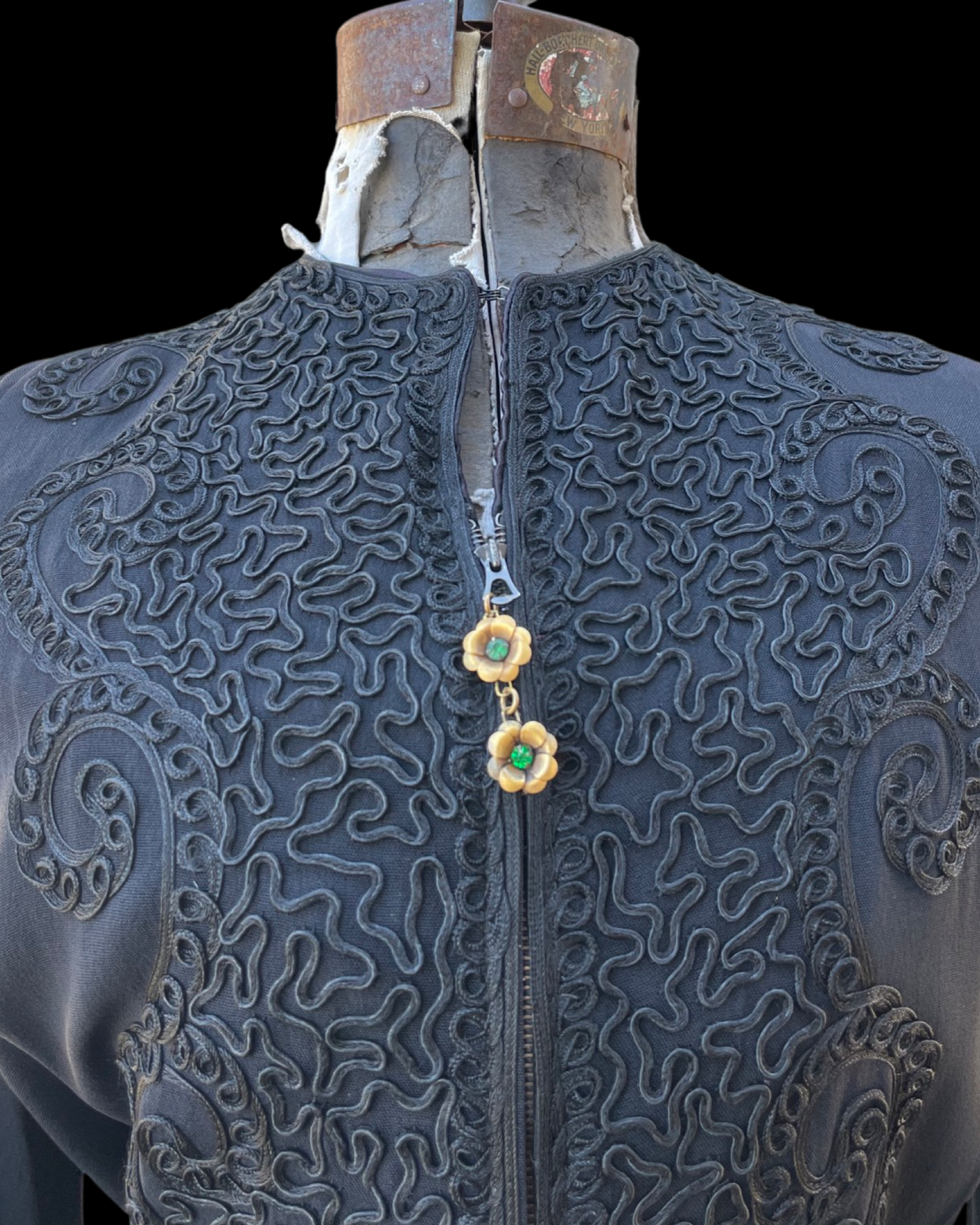 1940s Rayon Crepe Soutache Zip Front Dress